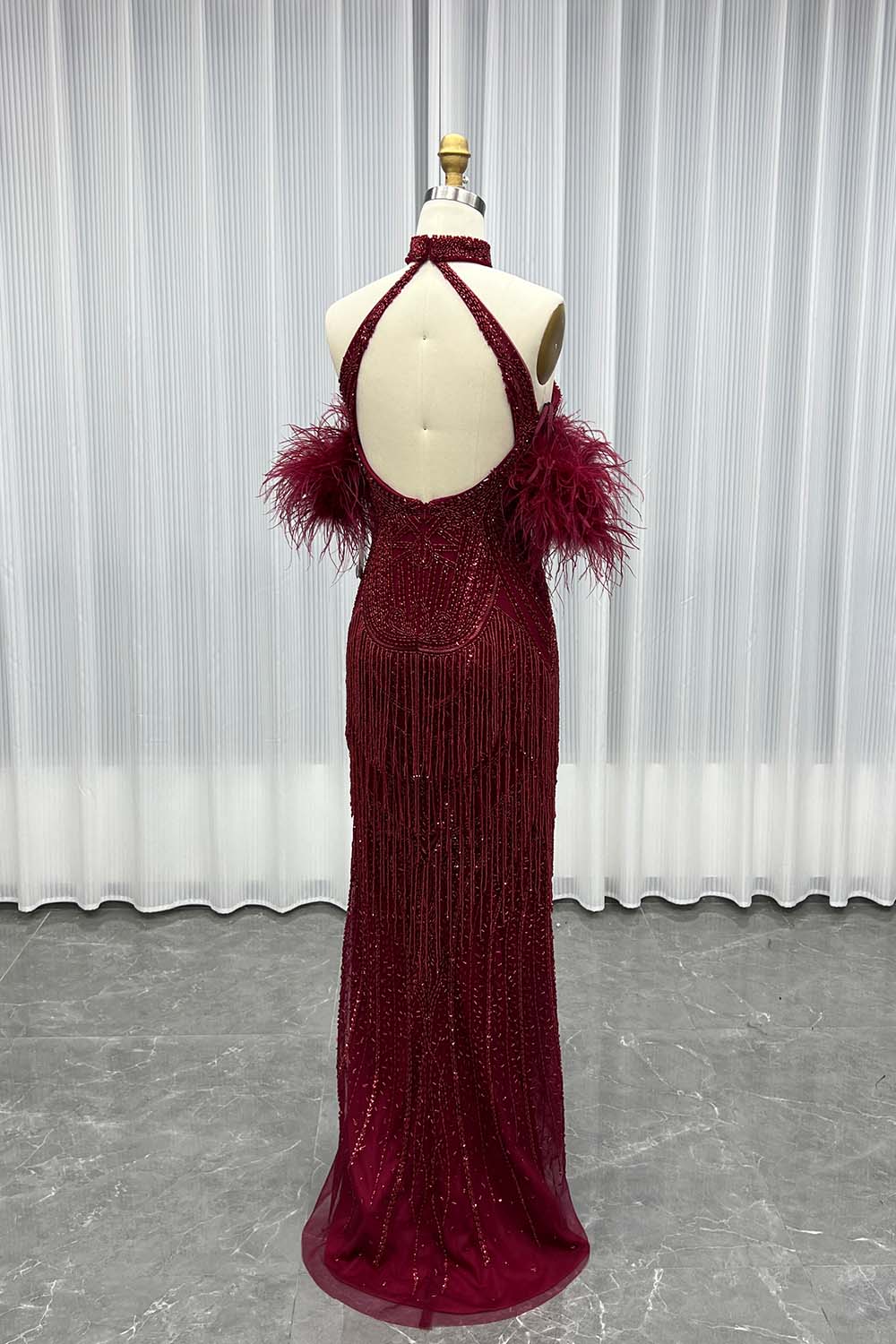 YQLNNE 035 Burgundy Feathers Slit Evening Dress With Handmade Crystals Beaded