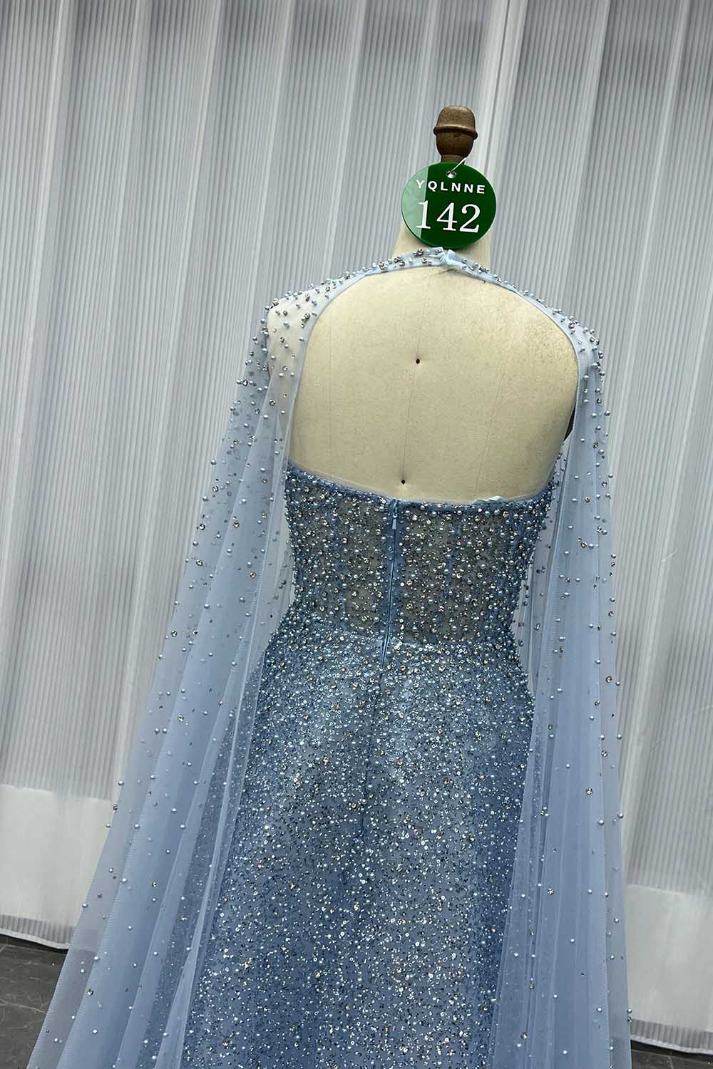 YQLNNE 0142 Rose Gold Ball Gown Evening Dress With Removable Cape Handmade Crystals Beaded