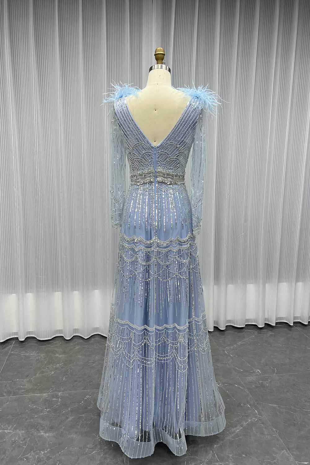 YQLNNE 17007 Muslim Feathers Evening Dress Long Sleeve Women Party Gown