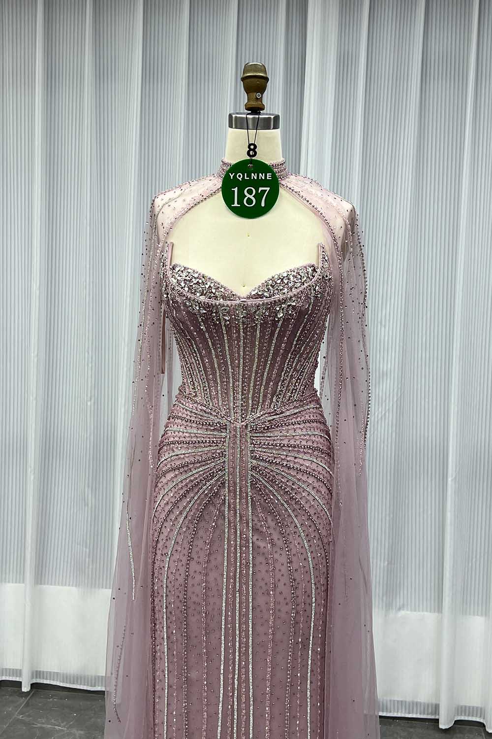 YQLNNE 0187 Pink Crystals Evening Dress With Removable Shawl