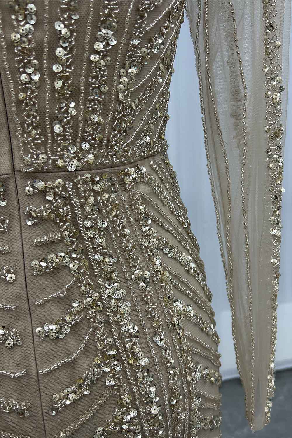 YQLNNE 0138 Pink Long Sleeves Evening Dress Handmade Heavy Crystals Beaded