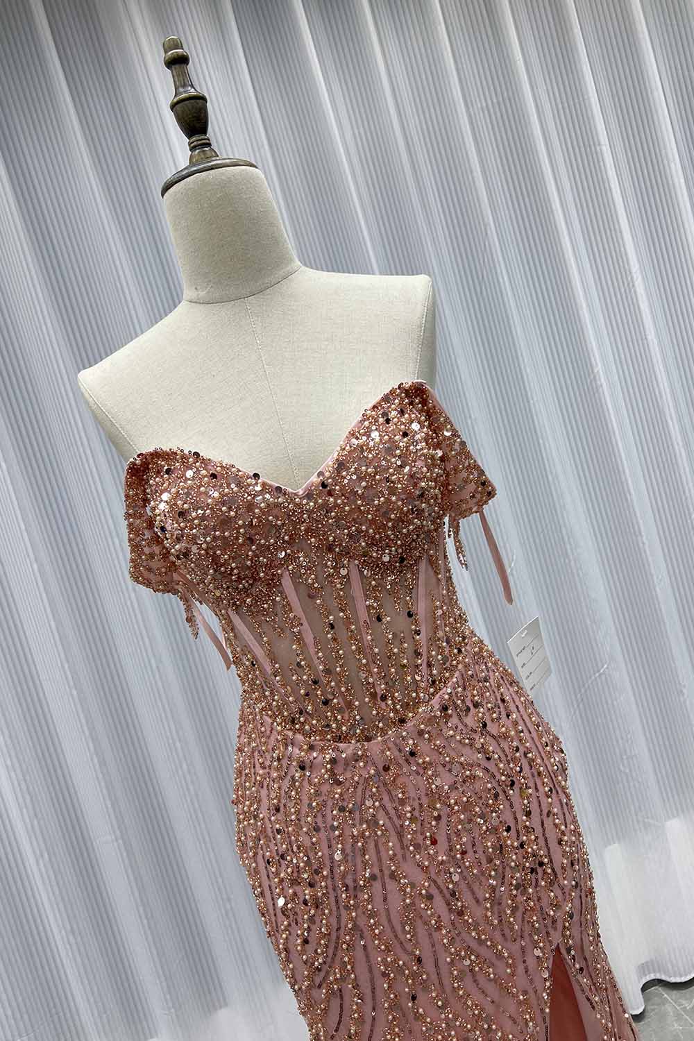 YQLNNE 08 Sliver Off The Shoulder Long Prom Dresses Slit Sequined Beaded Women Party Dress