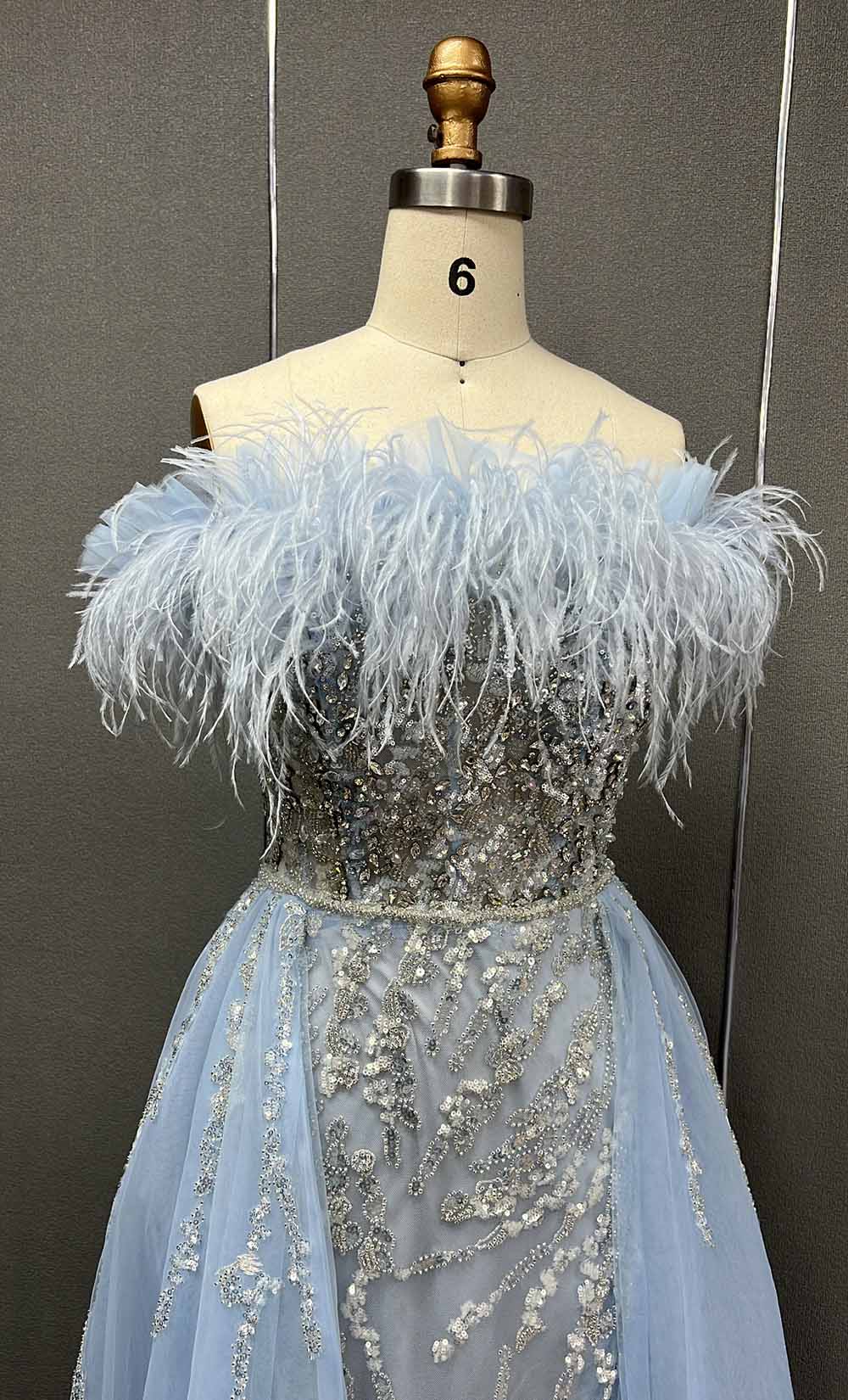 YQLNNE 0124 Blue Feathers Evening Dress Long Handmade Diamonds Formal Gown