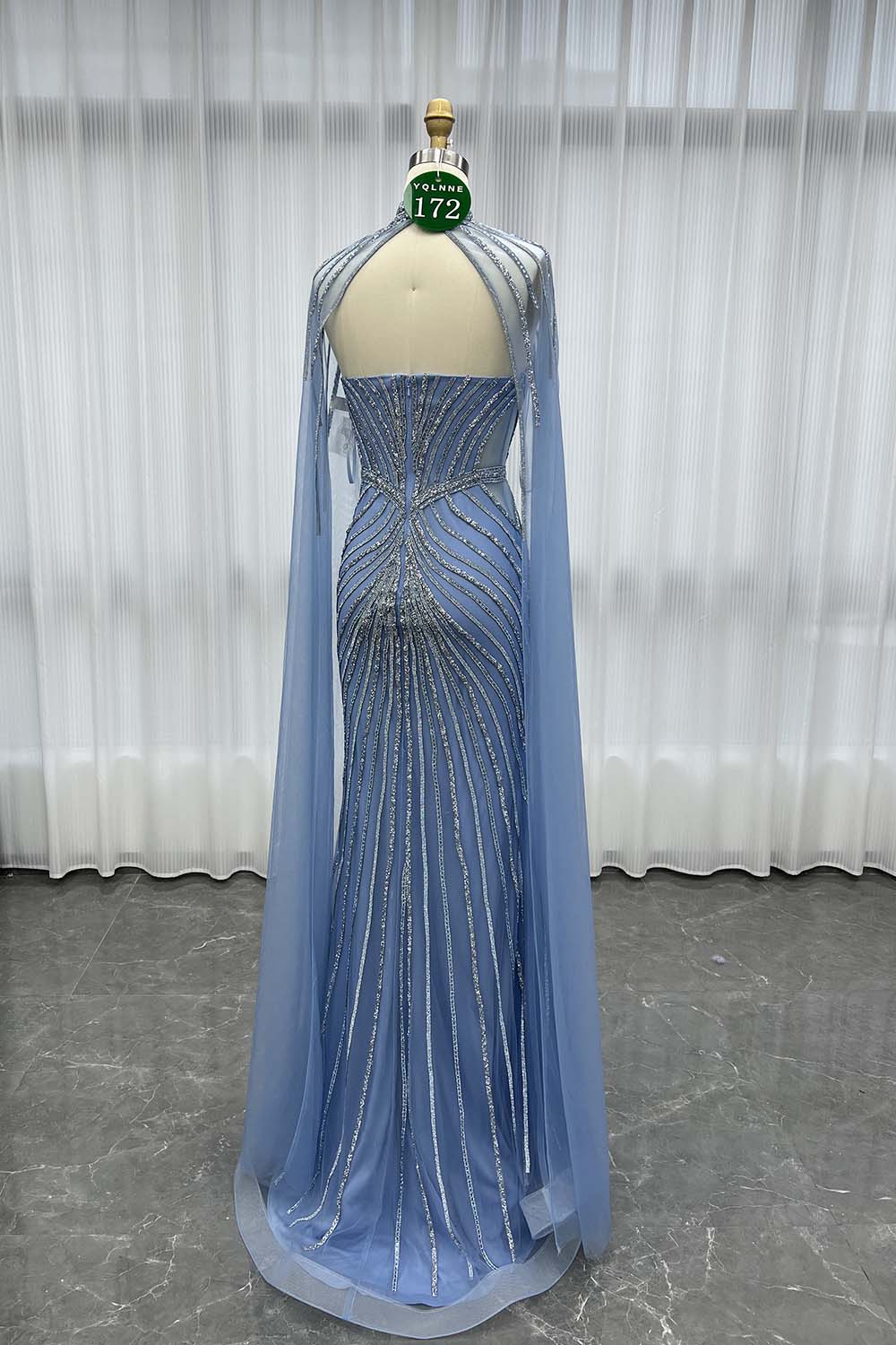 YQLNNE 0172 Blue Crystals Long Evening Dress With Shawl