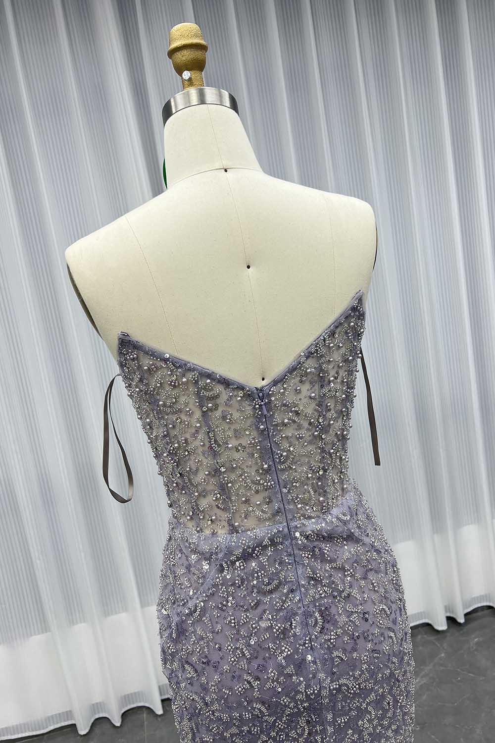 YQLNNE 0132 Dusty Lilac Pearls Beaded Evening Dress With Shawl