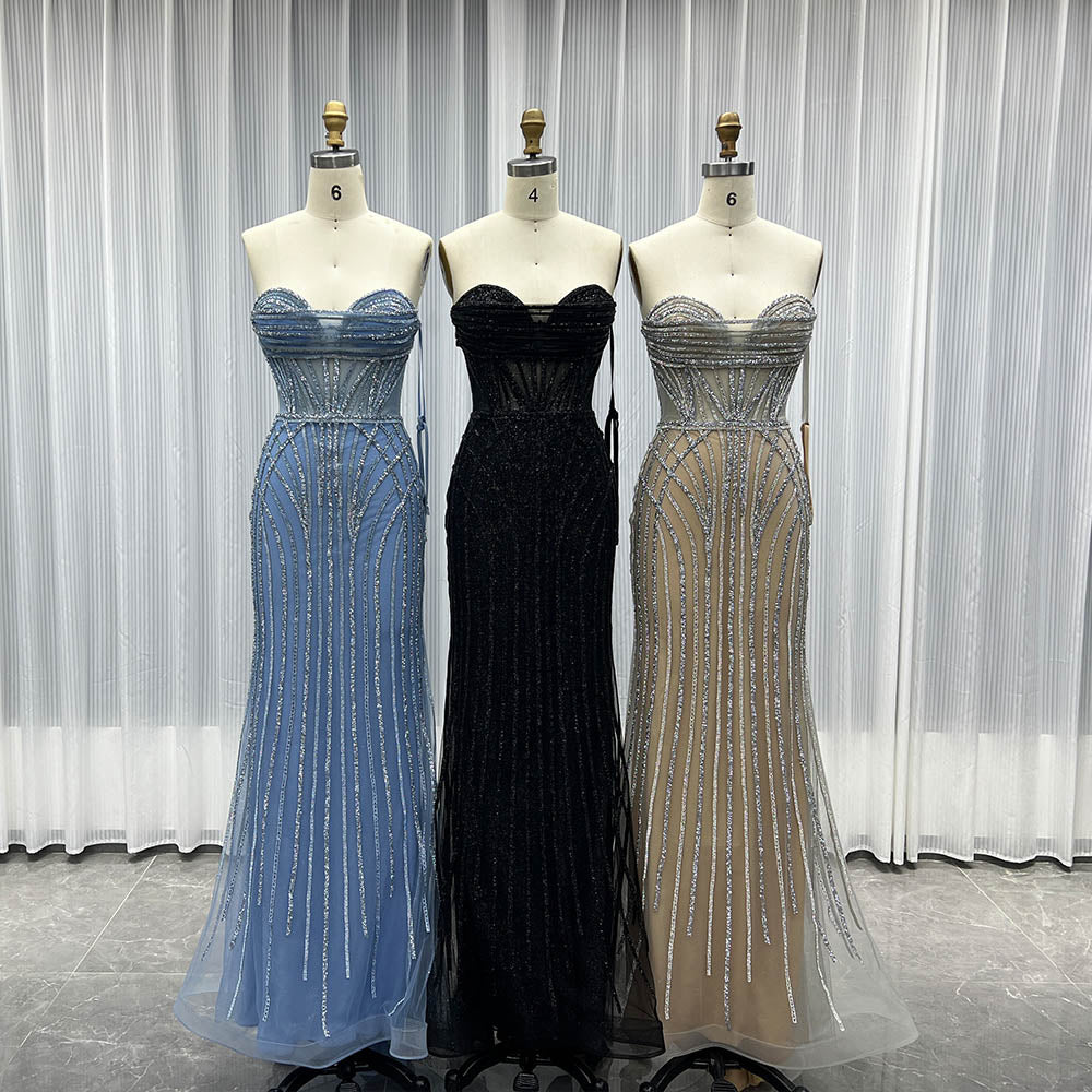 YQLNNE 023 Black Strapless Crystals Prom Dress Long Lace-up Evening Gown