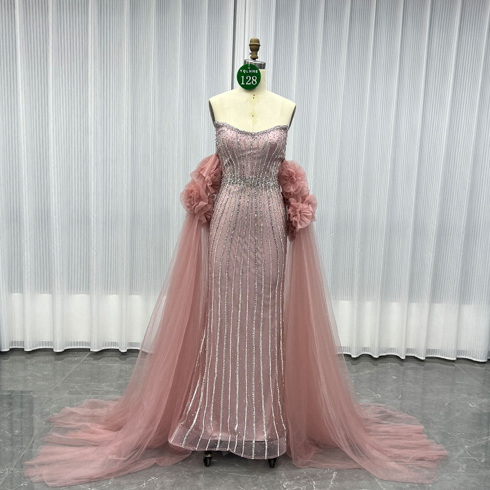 YQLNNE 0128 Luxury Pink Crystals Evening Party Gown With Removable Tulle Sleeves