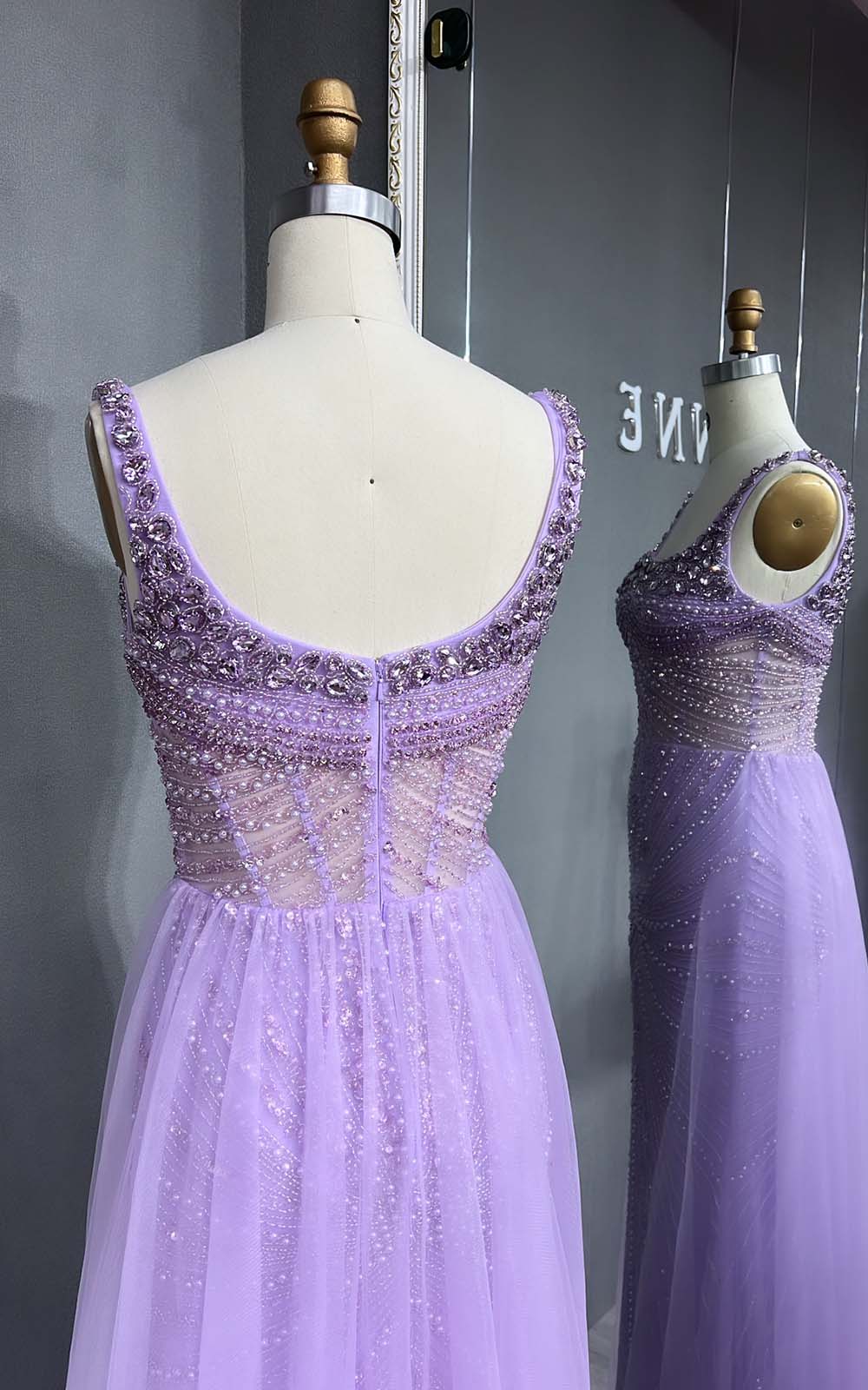 YQLNNE 042 Pink Crystals Beaded Evening Dress Long Mermaid Party Dress with Removeable Train