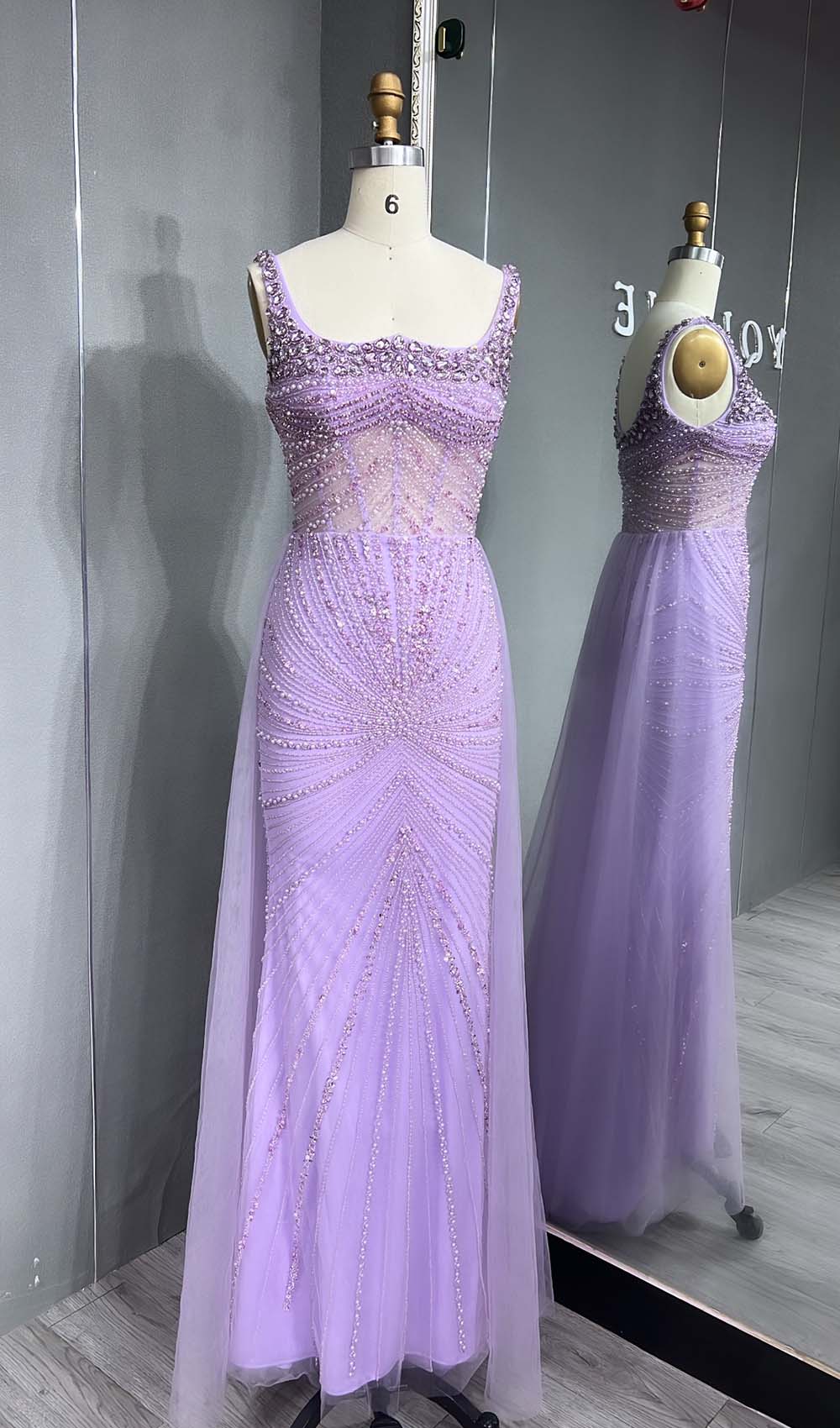 YQLNNE 042 Pink Crystals Beaded Evening Dress Long Mermaid Party Dress with Removeable Train