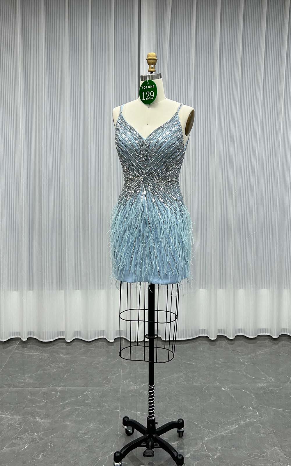 YQLNNE 0129 Silver Feathers Short Evening Dress Crystals Beaded Party Gown