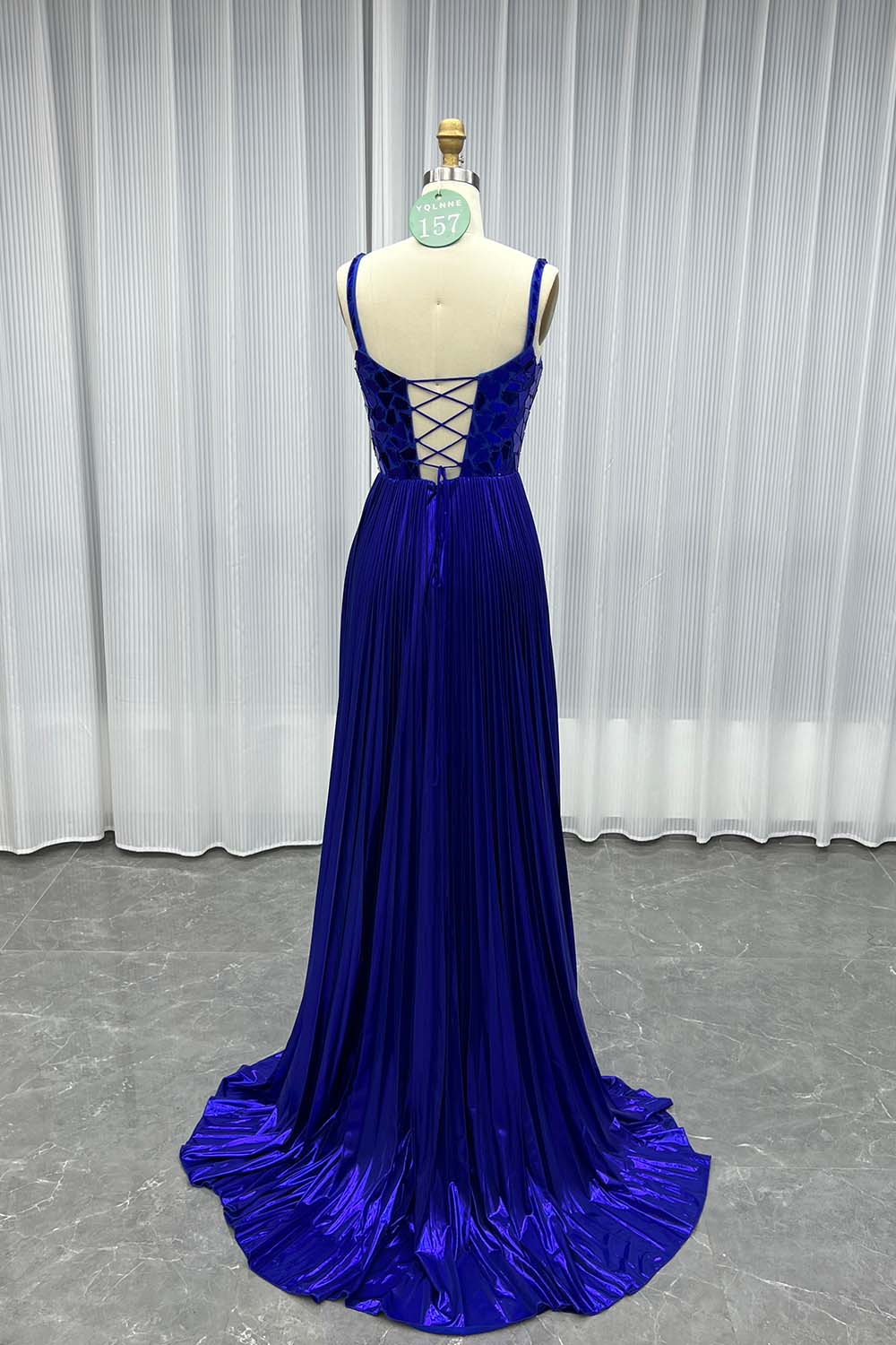 YQLNNE 0157 Gold Lens Long Prom Dress Straps Lace-up Back