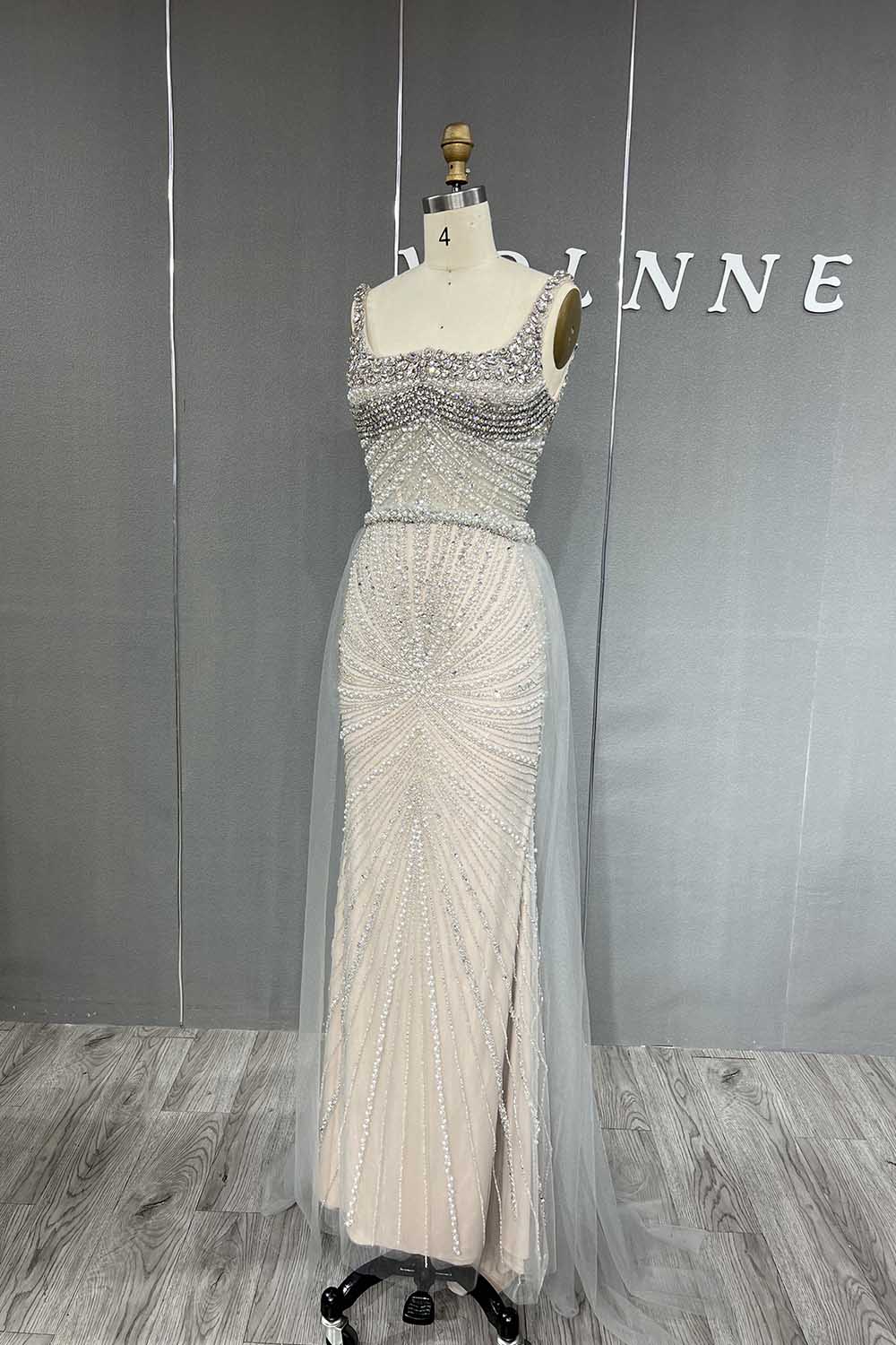 YQLNNE 042 Pink Crystals Beaded Evening Dress Long Mermaid Party Dress with Removeable Train