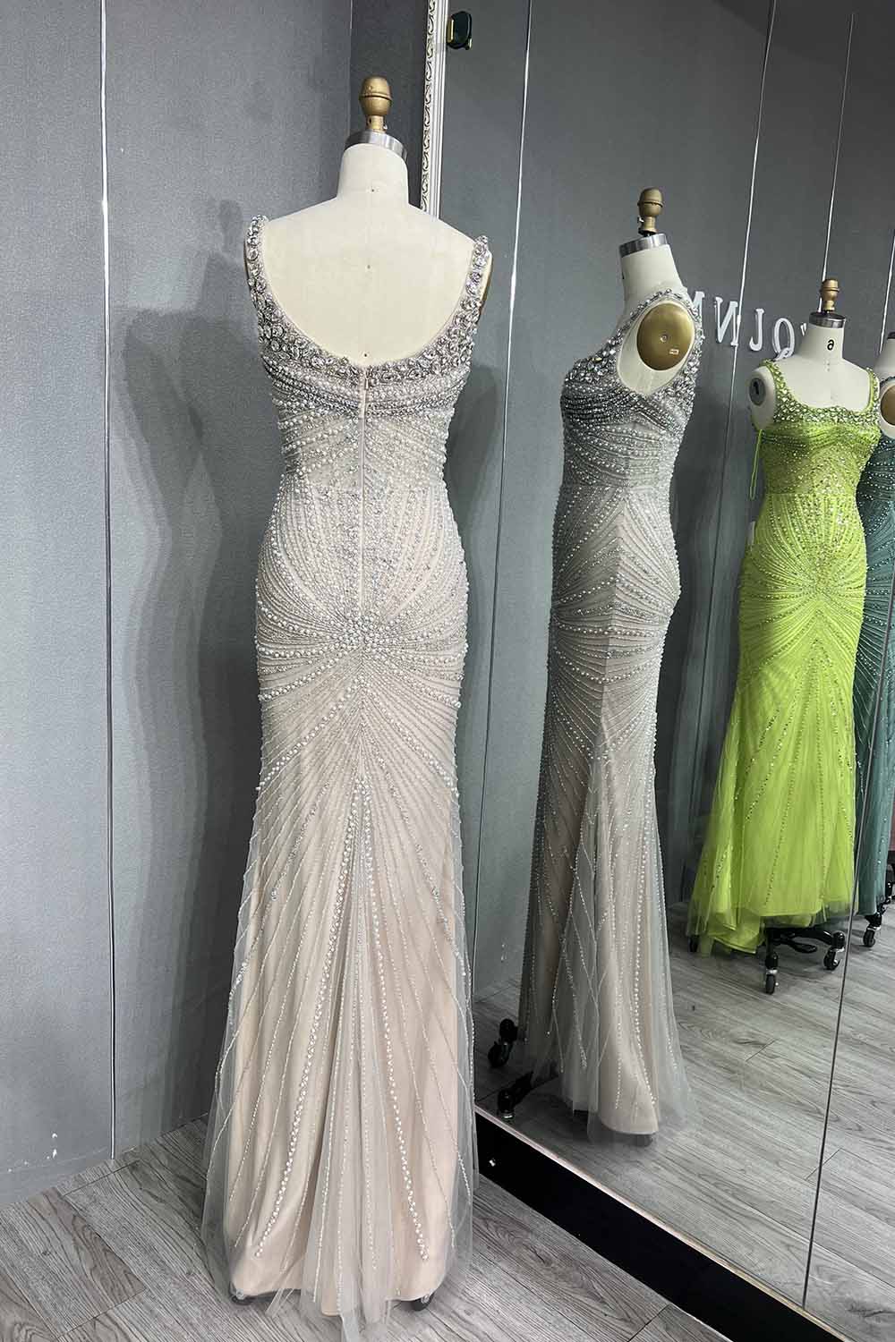 YQLNNE 042 Pink Crystals Beaded Evening Dress Long Mermaid Party Dress with Removeable Train
