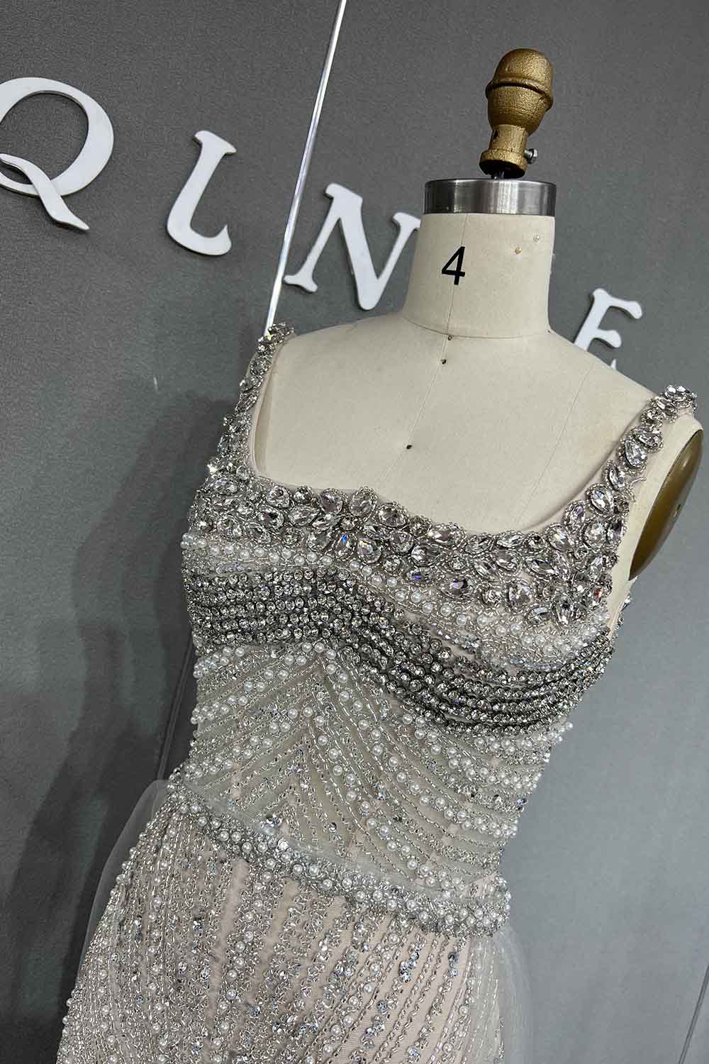 YQLNNE 042 Pink Crystals Beaded Evening Dress Long Mermaid Party Dress with Removeable Train