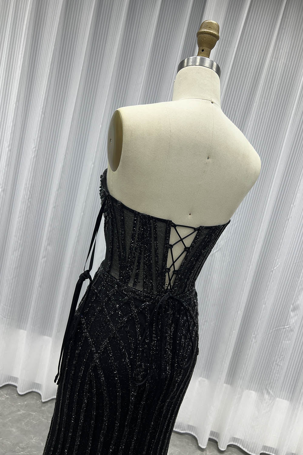 YQLNNE 023 Black Strapless Crystals Prom Dress Long Lace-up Evening Gown