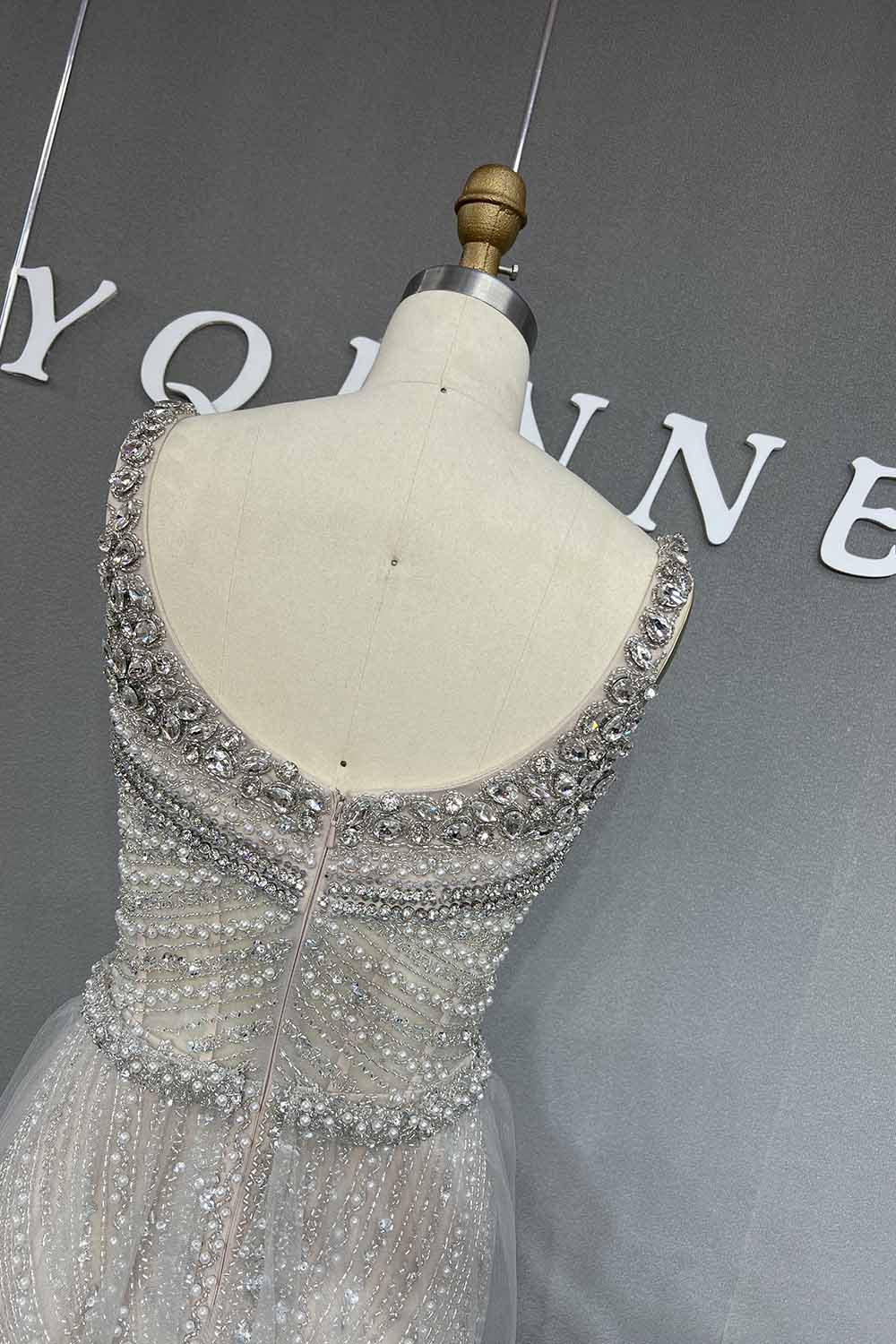 YQLNNE 042 Pink Crystals Beaded Evening Dress Long Mermaid Party Dress with Removeable Train