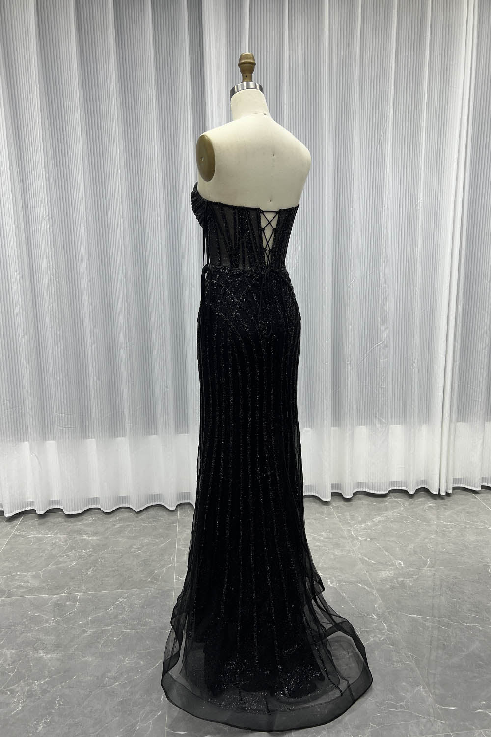 YQLNNE 023 Black Strapless Crystals Prom Dress Long Lace-up Evening Gown