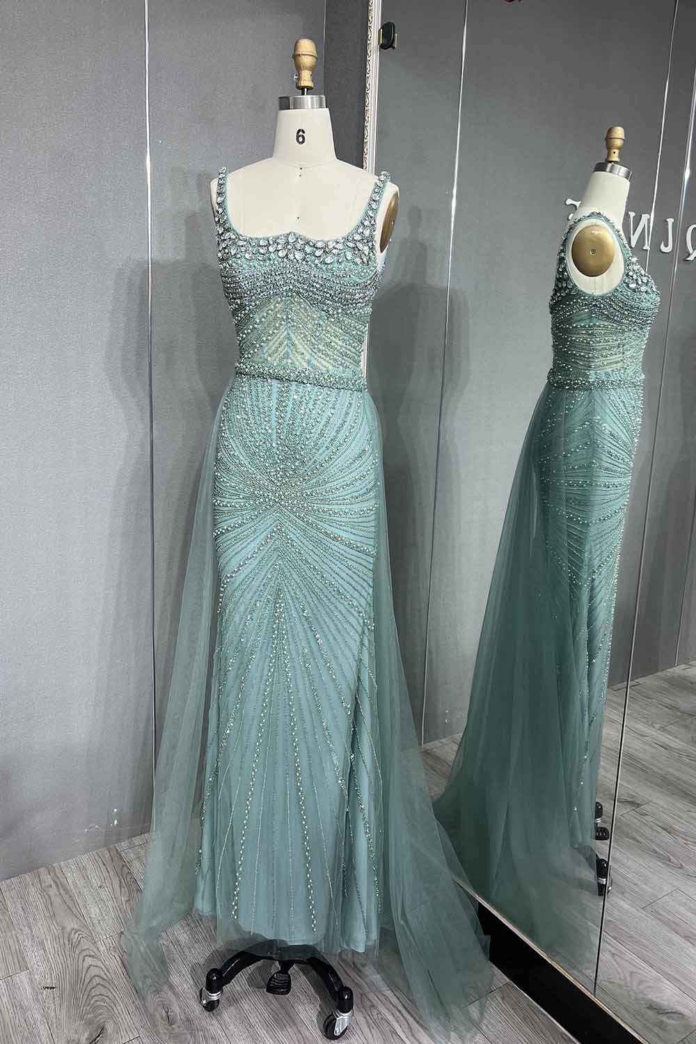 YQLNNE 042 Pink Crystals Beaded Evening Dress Long Mermaid Party Dress with Removeable Train