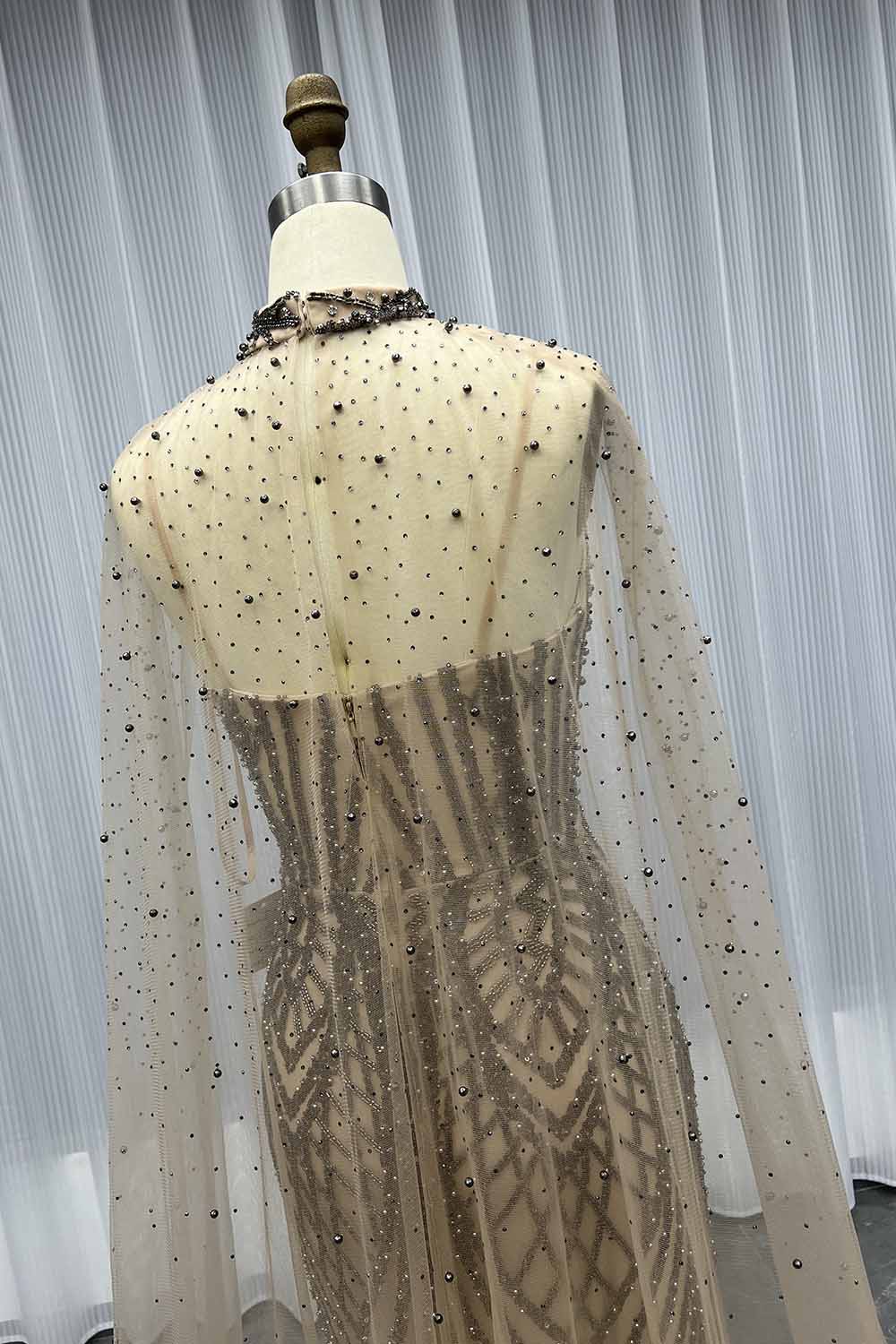 YQLNNE 17009 Silver Straps Long Evening Dress With Cape