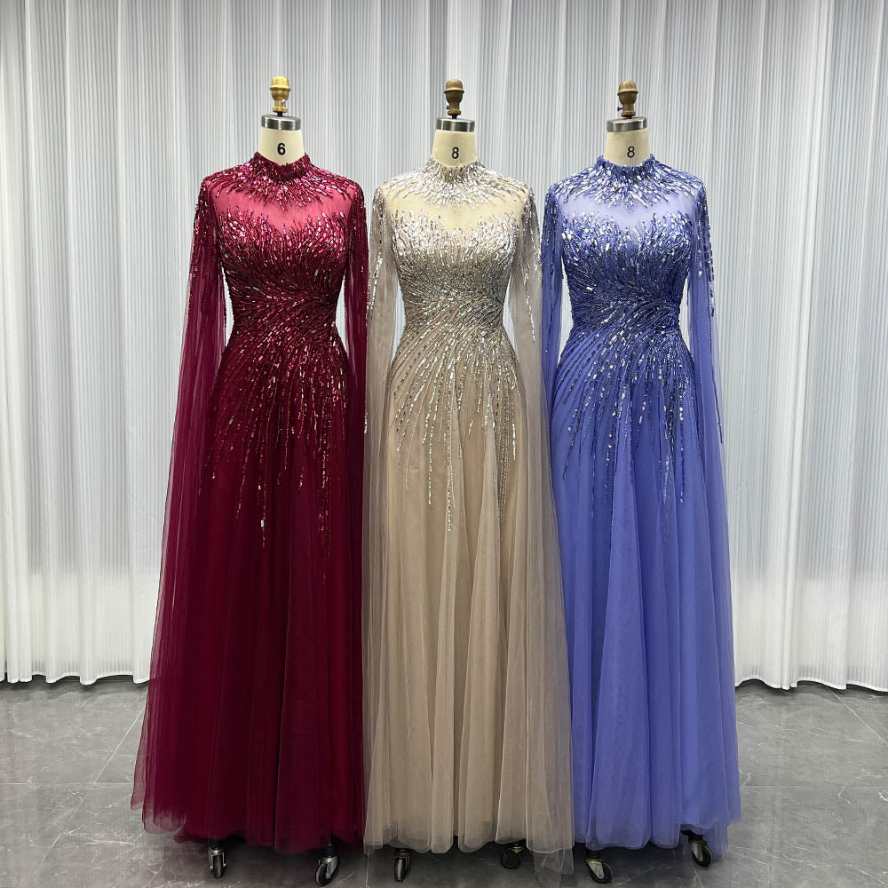 YQLNNE 048 Burgundy Full Sleeve Evening Dress Dubai Crystals Party Dress
