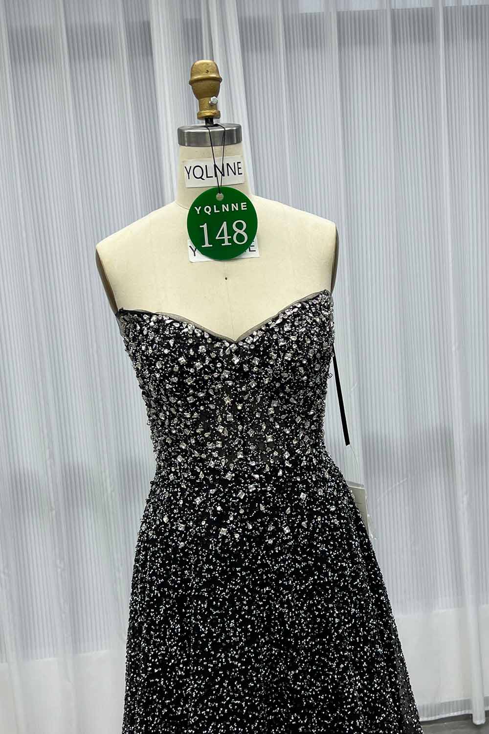 YQLNNE 0148 Black Glitter Crystals Long Prom Dress Aline