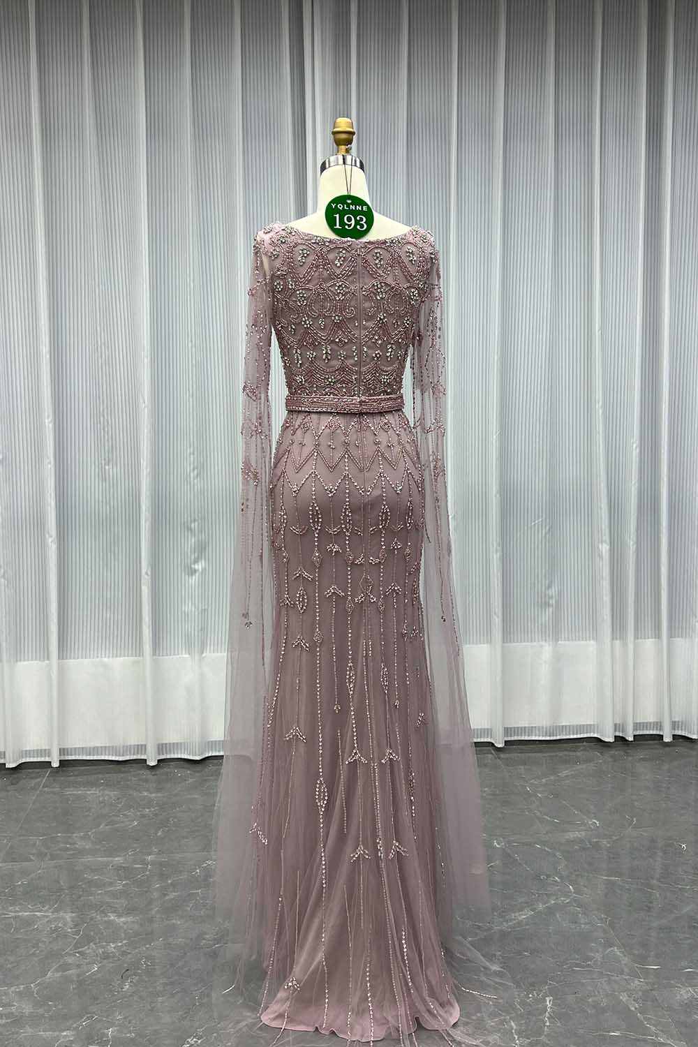 YQLNNE 0193 Modest Nude Square Collar Evening Dress With Handmade Crystals Beaded