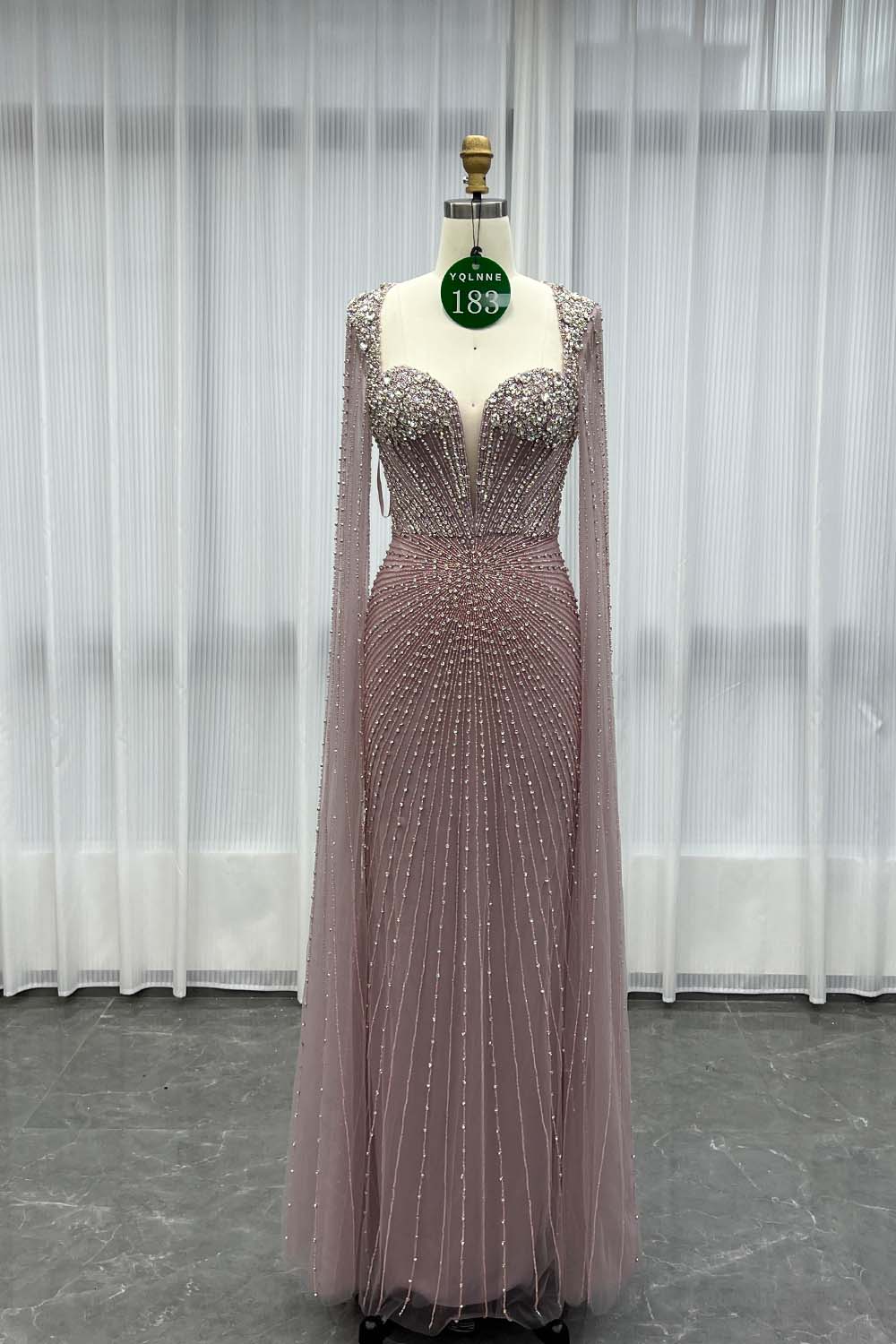 YQLNNE 0183 Luxury Pink Crystals Beaded Evening Dress Long Cape Sleeves