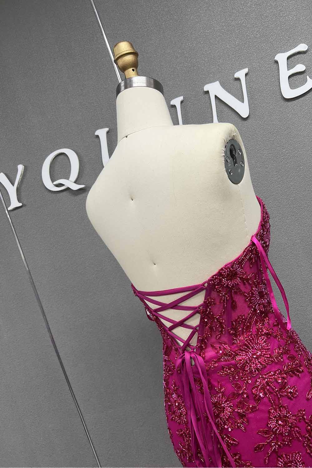 YQLNNE 012 Fuchsia Embroidery Beading Prom Dresses Long Mermaid Evening Gown Lace-up