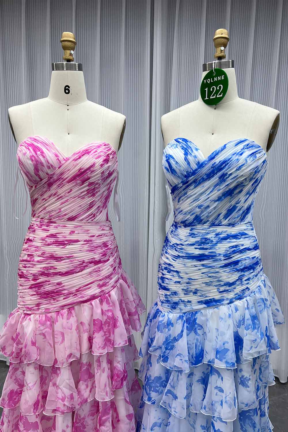 YQLNNE 0122 Pink Print Flowers Long Prom Dress Lace-up