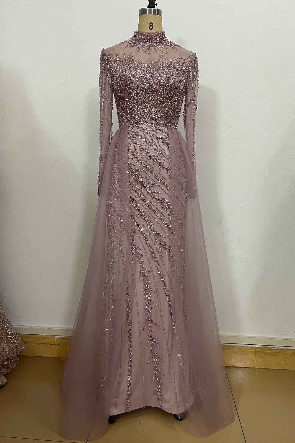YQLNNE 052 Nude Long Sleeves Beaded Evening Dress With Removable Skirt
