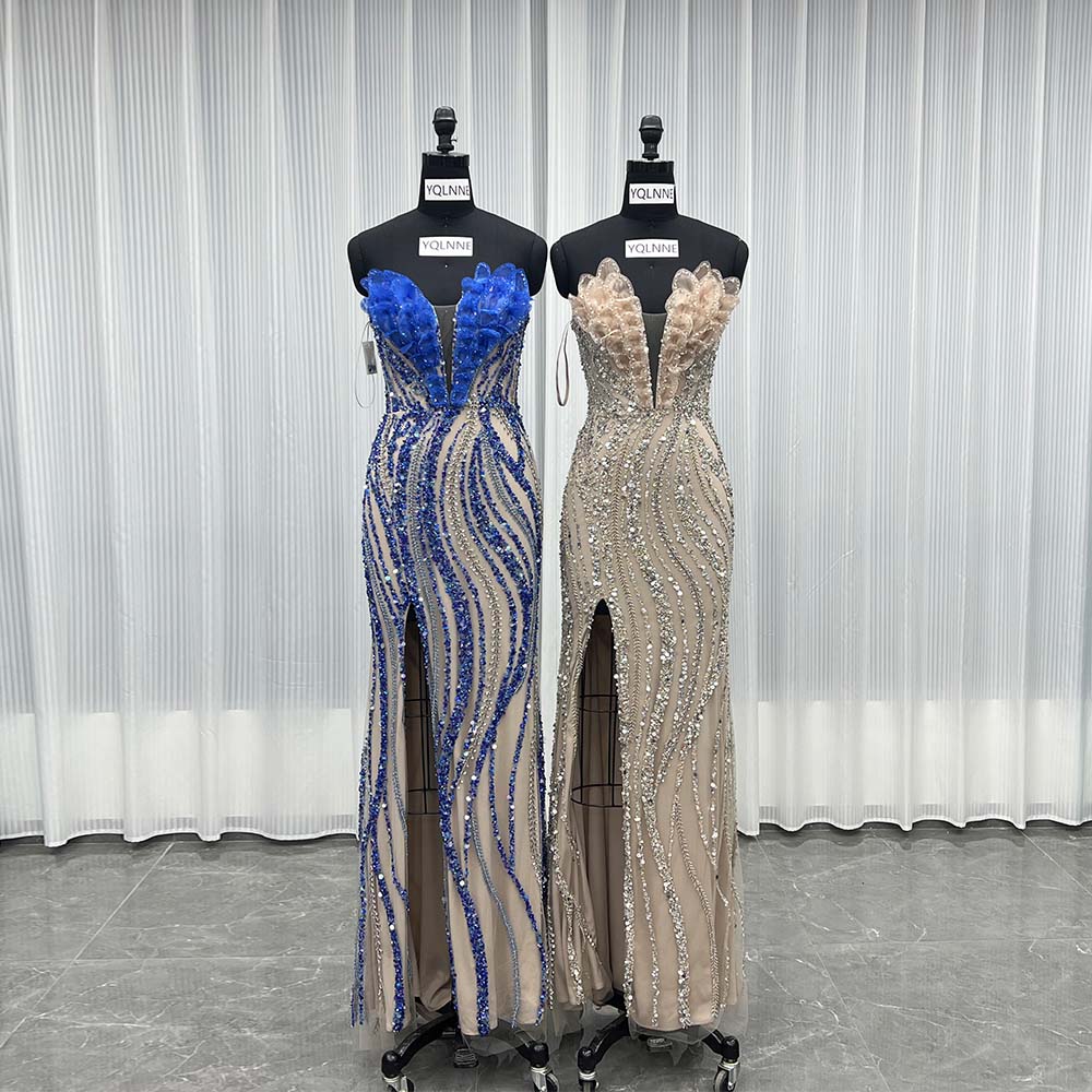 YQLNNE 040 Luxury Blue Crystals Evening Party Gown Pageant Dresses Lace-up