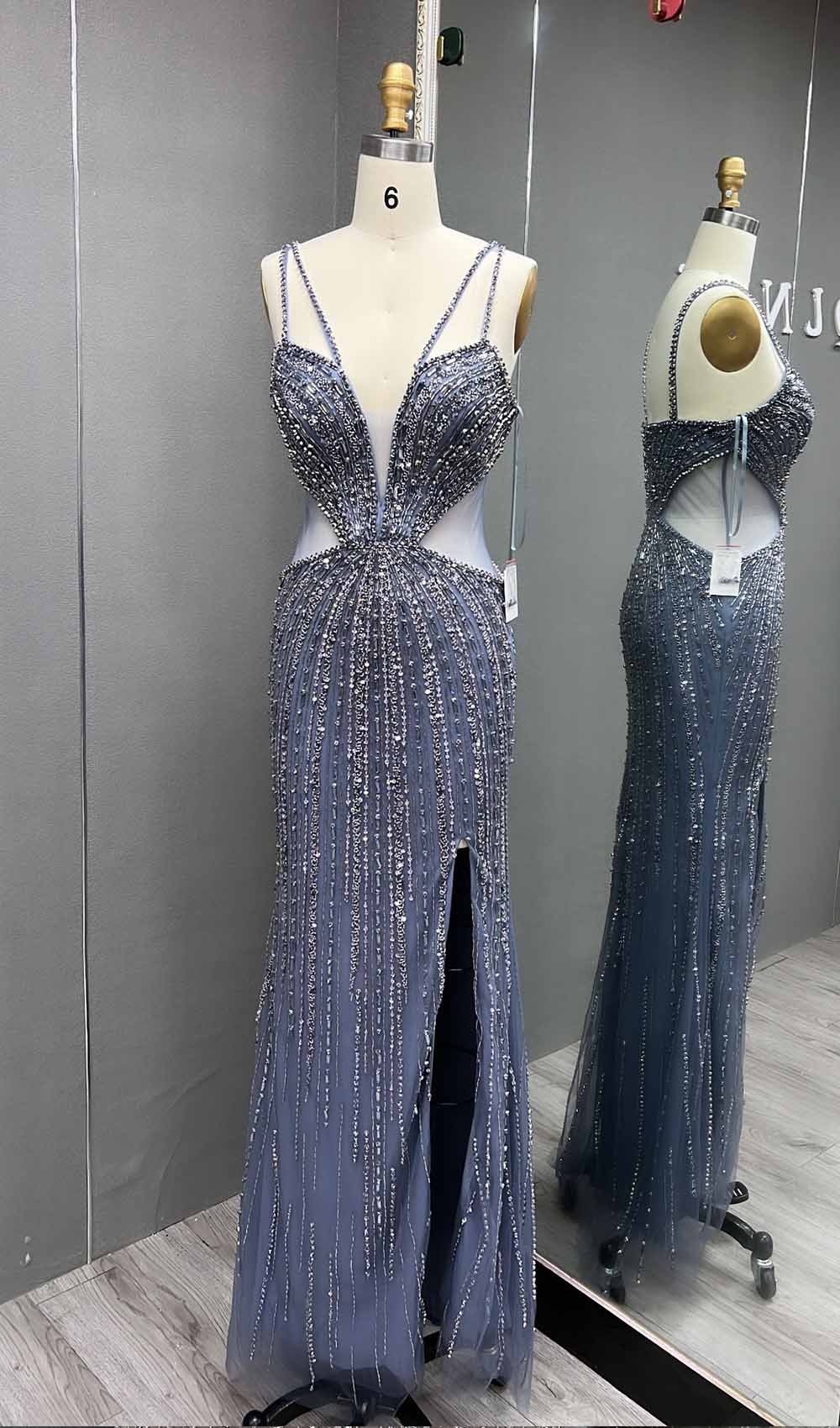 YQLNNE 041 Blue Crystals Evening Dress Straps Mermaid Formal Party Gown