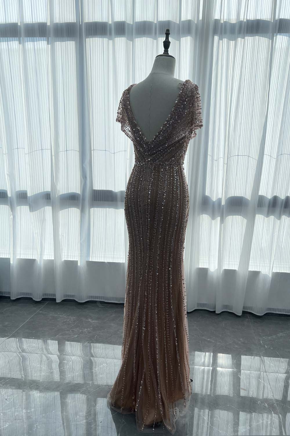 YQLNNE 065 Rose Gold Crystals Evening Dress Formal Women Party Gown Mermaid