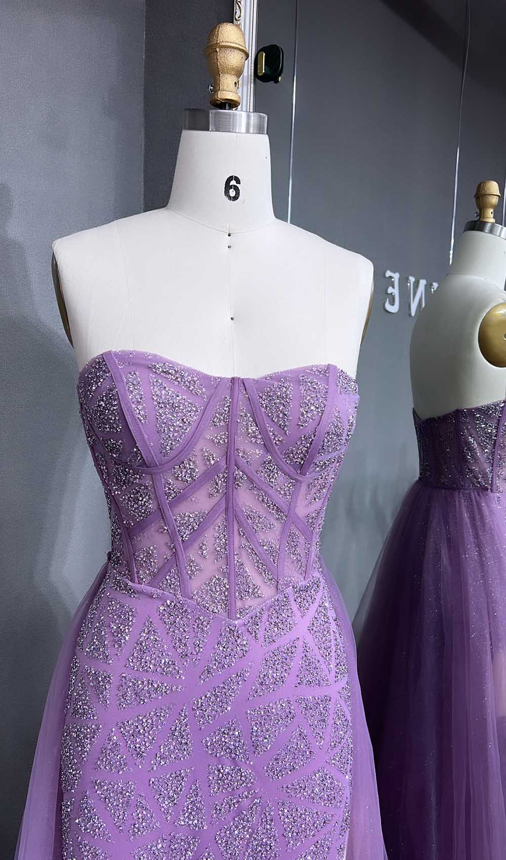 YQLNNE 070 Sparkly Glitter Strapless Long Prom Dress With Removable Train