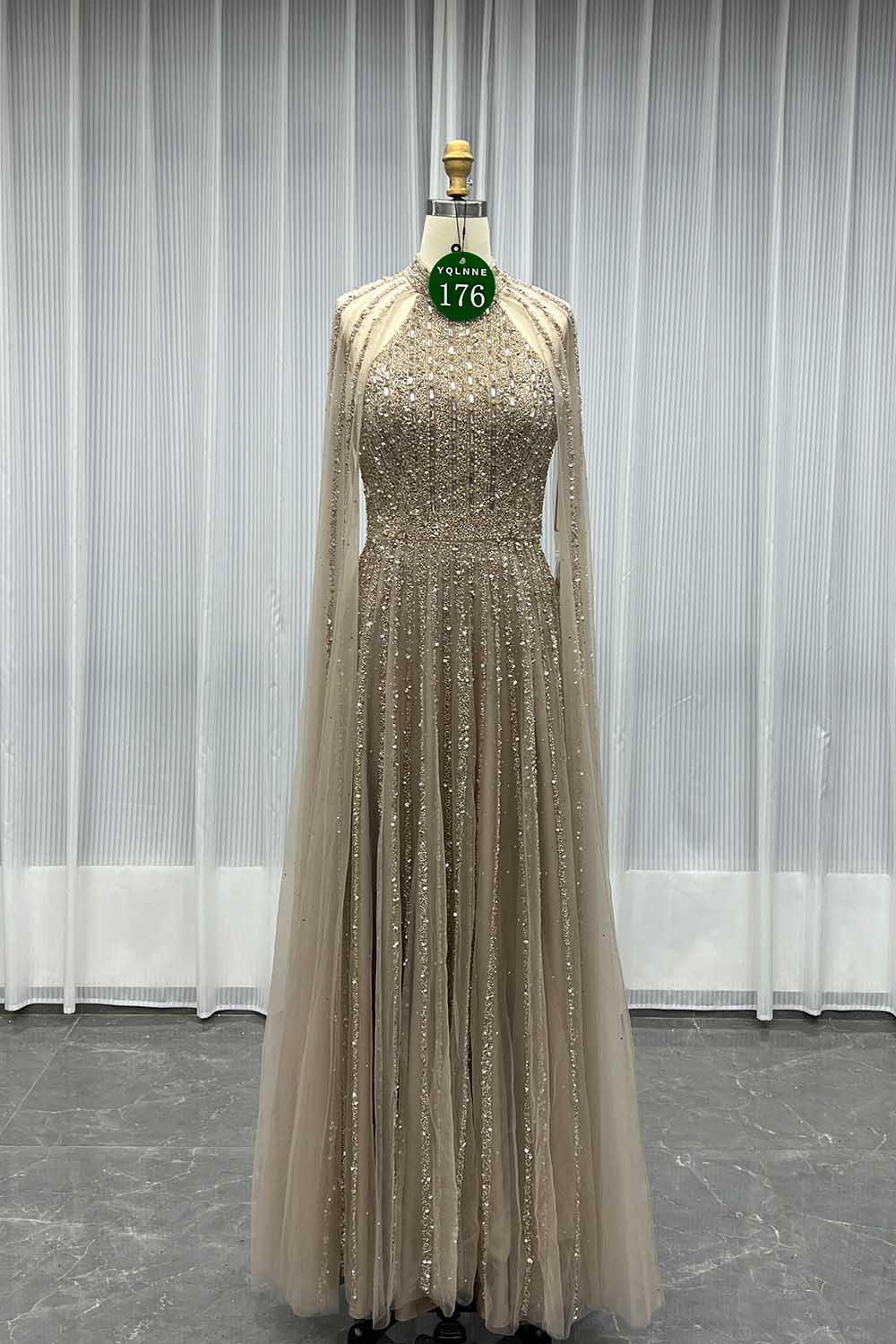 YQLNNE 0176 Sparkly Sage Crystals Evening Dress With Crystals Beaded Cape Sleeves