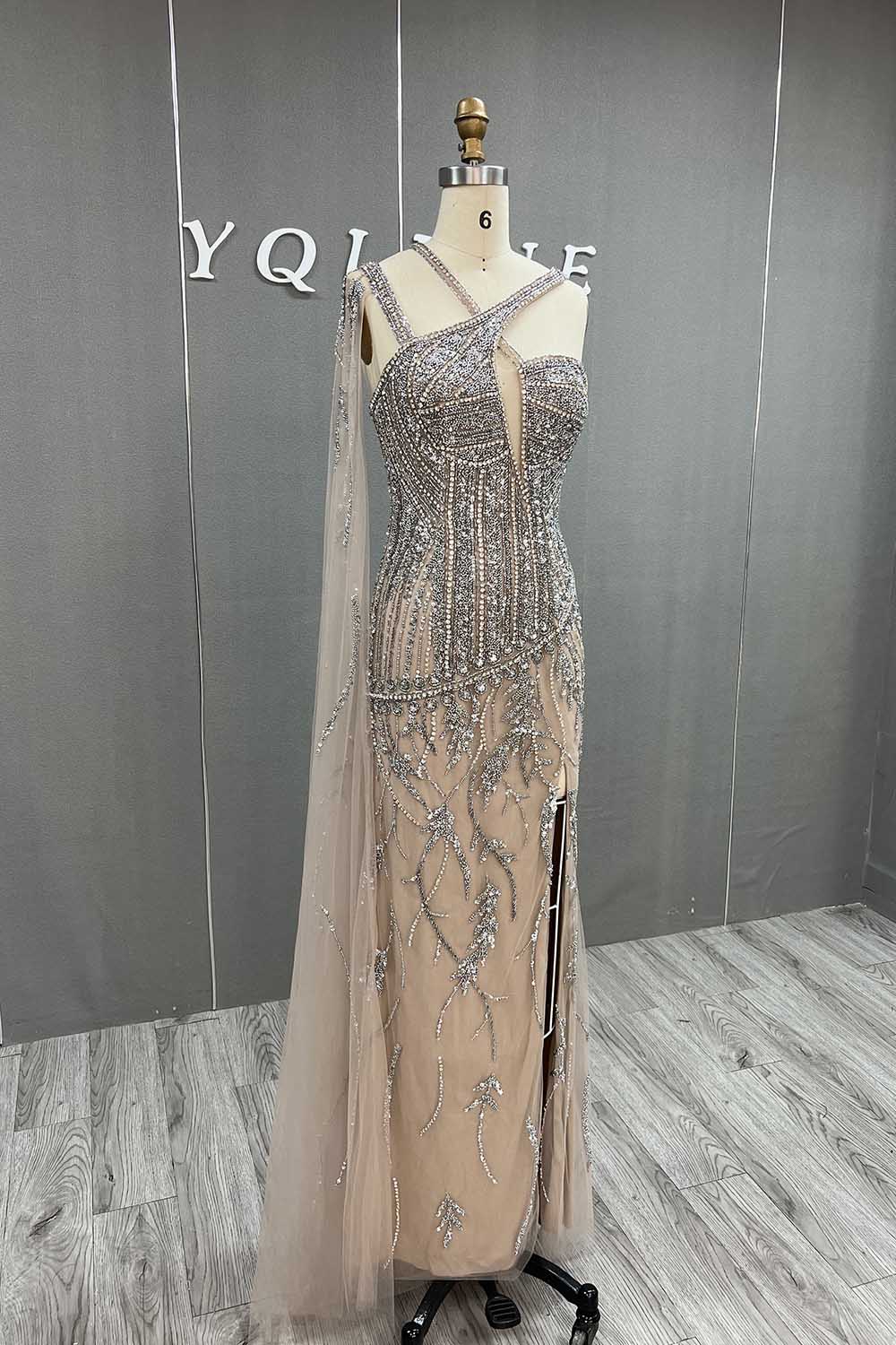YQLNNE 0139 Luxury Silver Nude Diamonds Evening Gown Pageant Dress