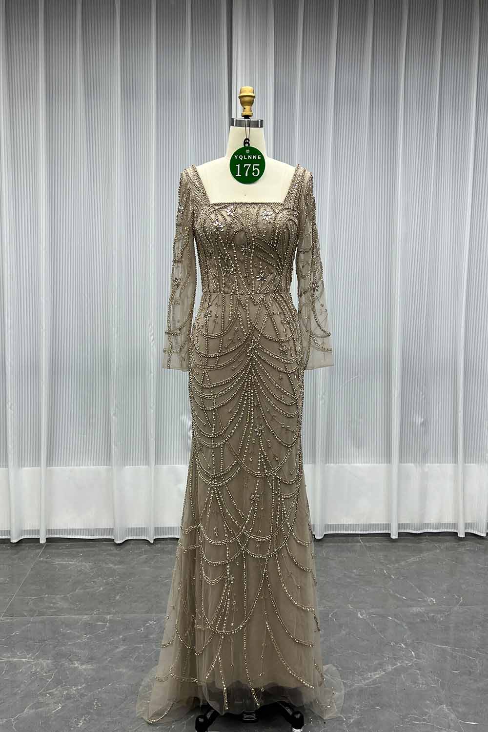 YQLNNE 0175 Nude Square Collar Crystals Beaded Evening Dress With Long Sleeves
