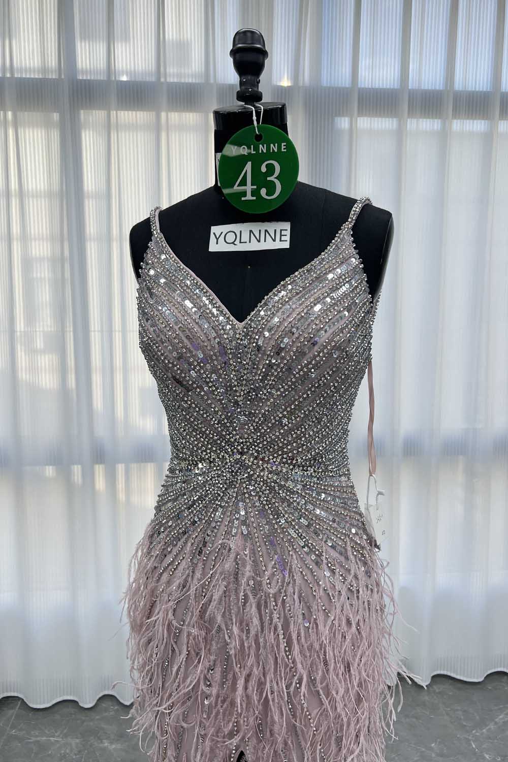 YQLNNE 043 Beige Feathers Long Crystals Evening Dress With Slit