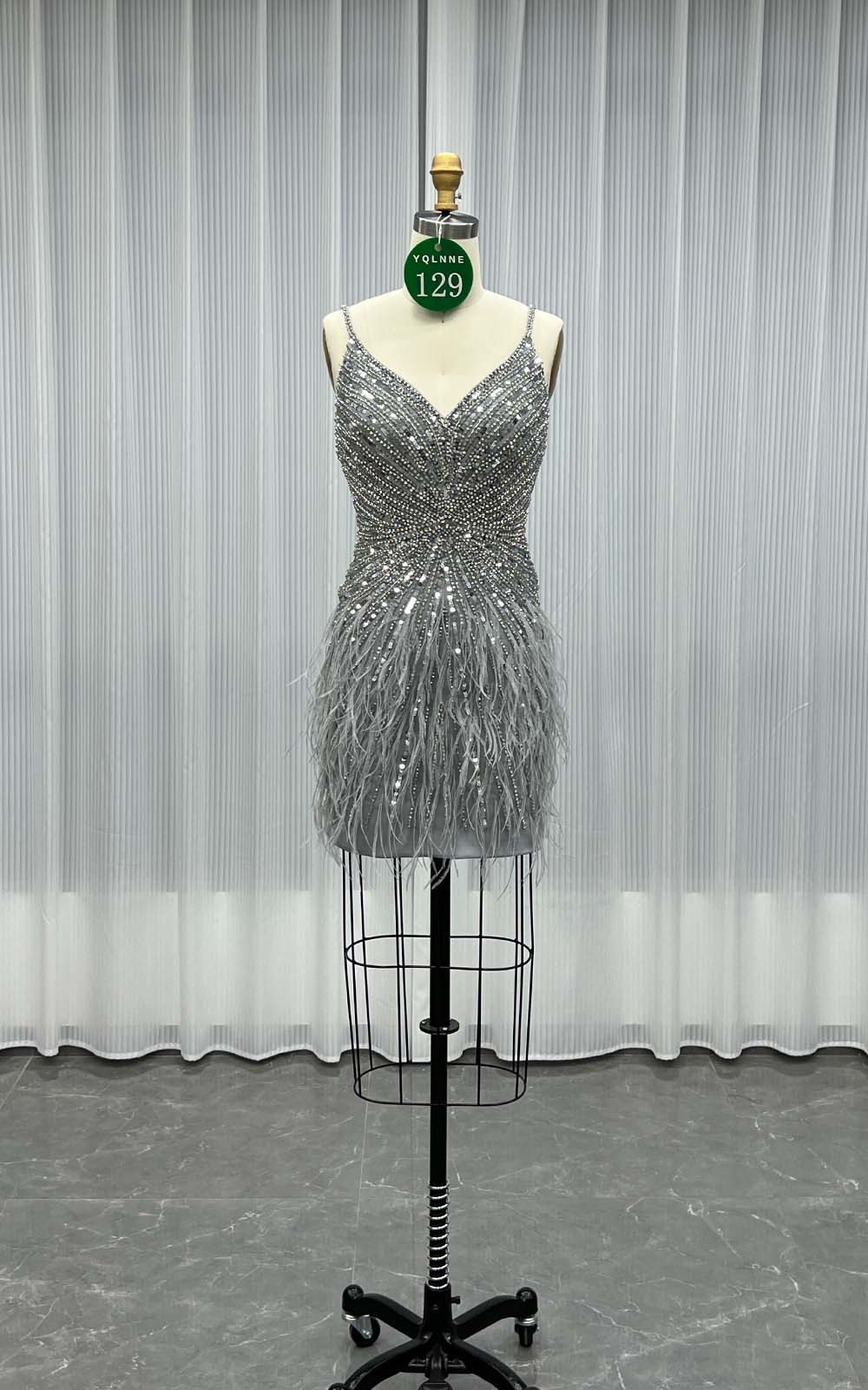 YQLNNE 0129 Silver Feathers Short Evening Dress Crystals Beaded Party Gown