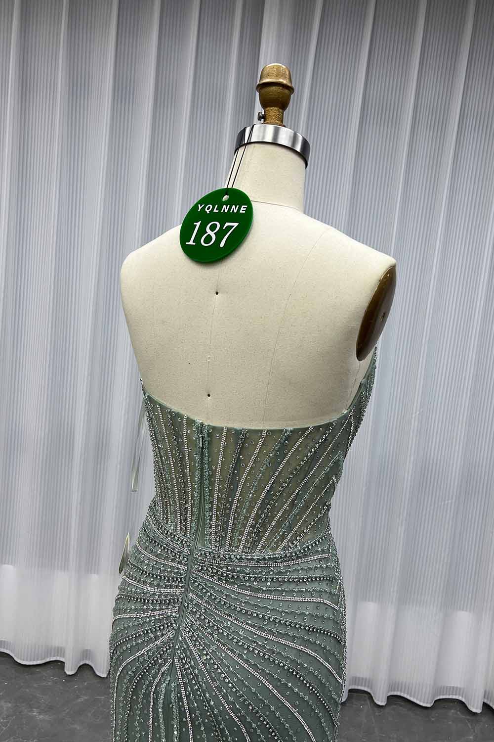 YQLNNE 0187 Sage Green Rhinestones Mermaid Evening Dress With Removable Shawl