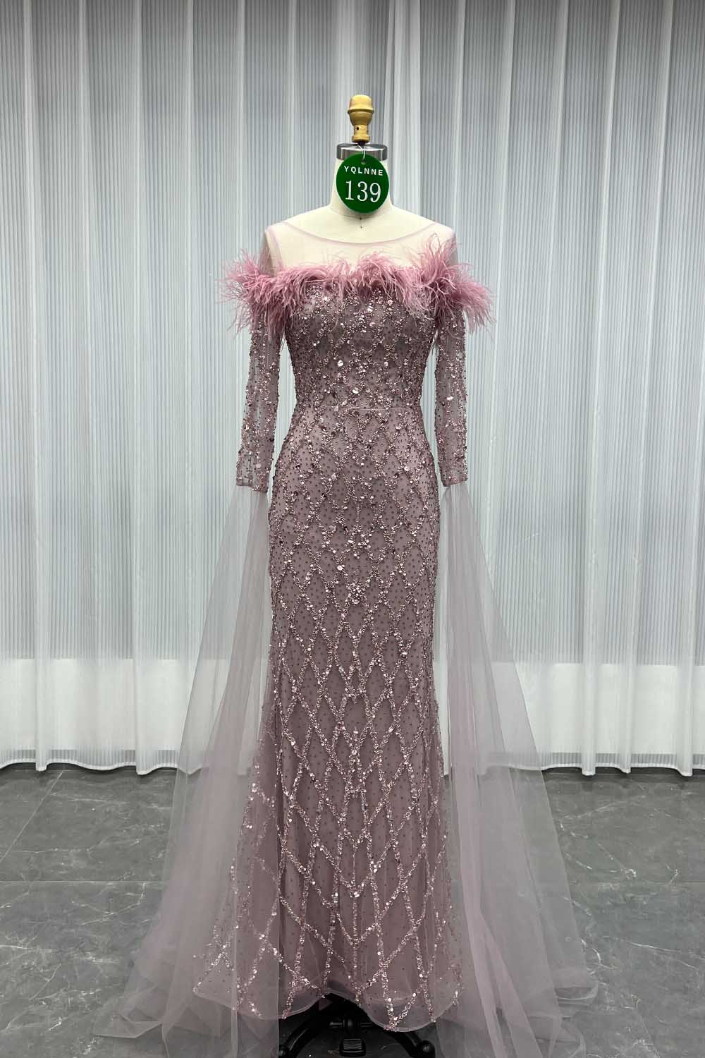 YQLNNE 0139 Nude Feathers Beaded Evening Dress With Sleeves