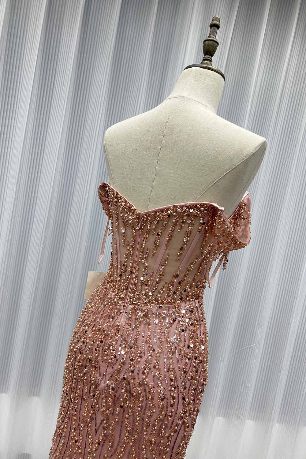 YQLNNE 08 Sliver Off The Shoulder Long Prom Dresses Slit Sequined Beaded Women Party Dress