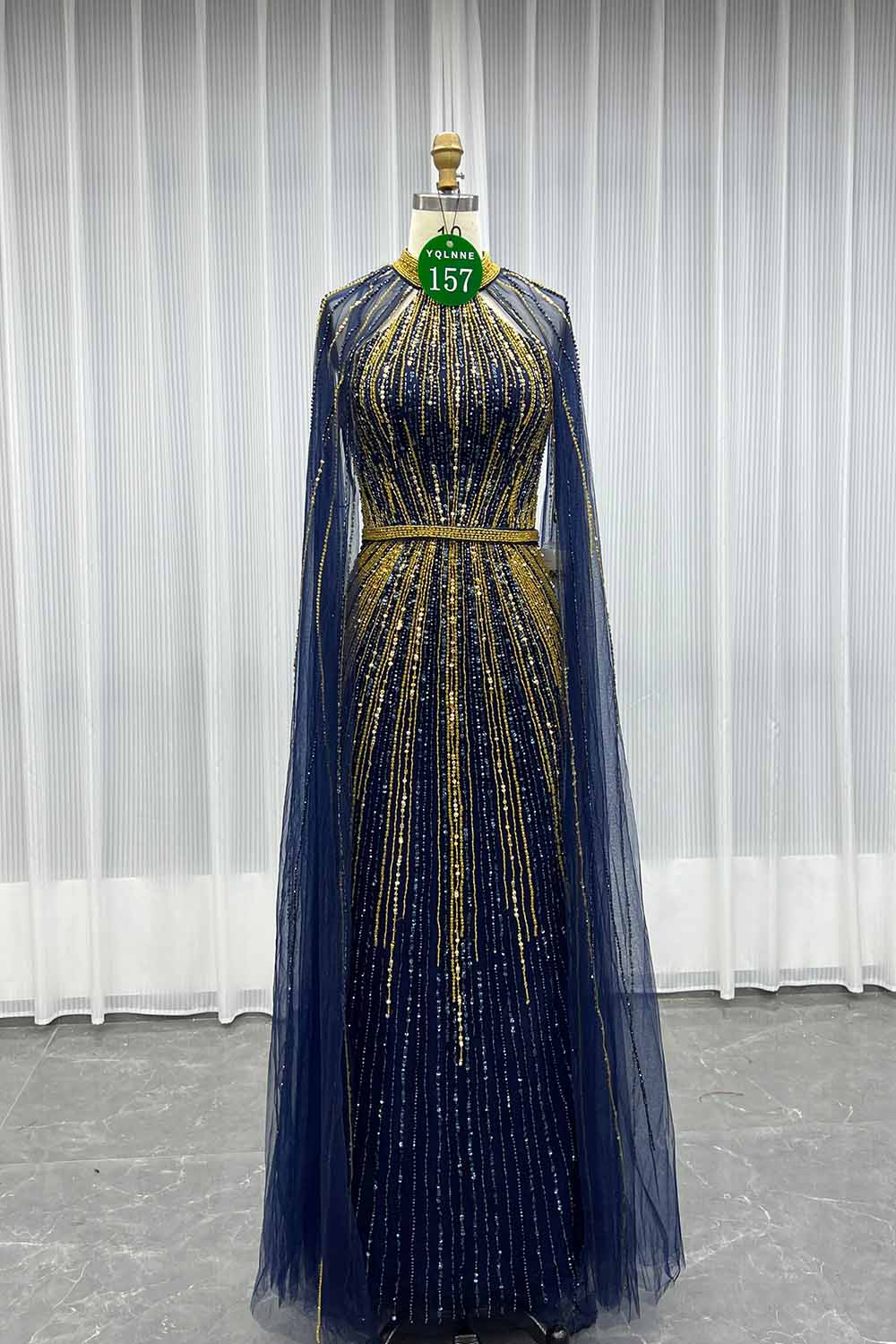 YQLNNE 0157 Navy High Collar Evening Dress With Handmade Crystals Beaded