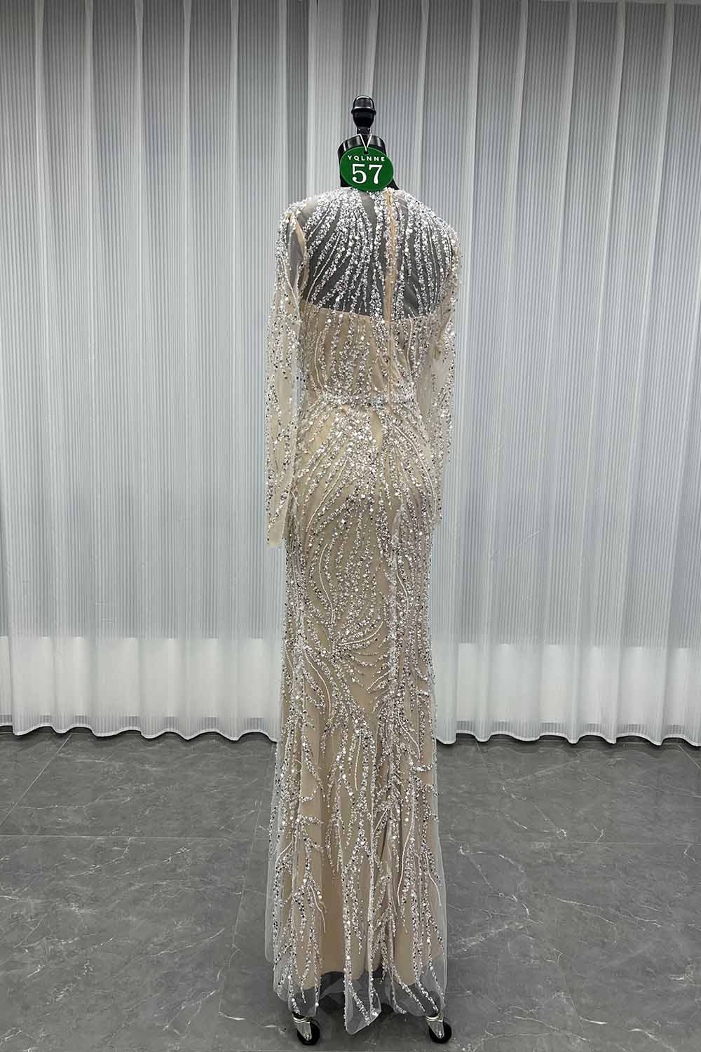YQLNNE 057 Modest White Pearls Long Sleeves Evening Dress Wedding Party Gown