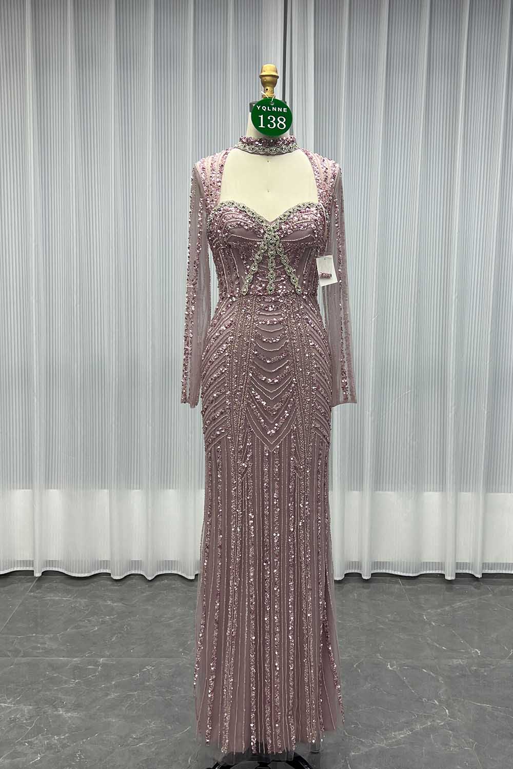 YQLNNE 0138 Pink Long Sleeves Evening Dress Handmade Heavy Crystals Beaded