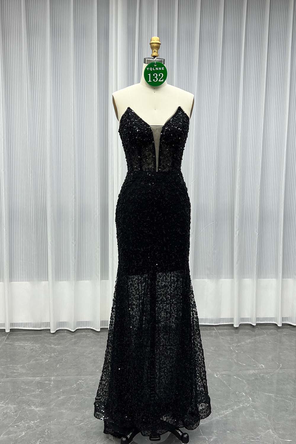 YQLNNE 0132 Black Strapless Beaded Evening Dress With Removable Shawl
