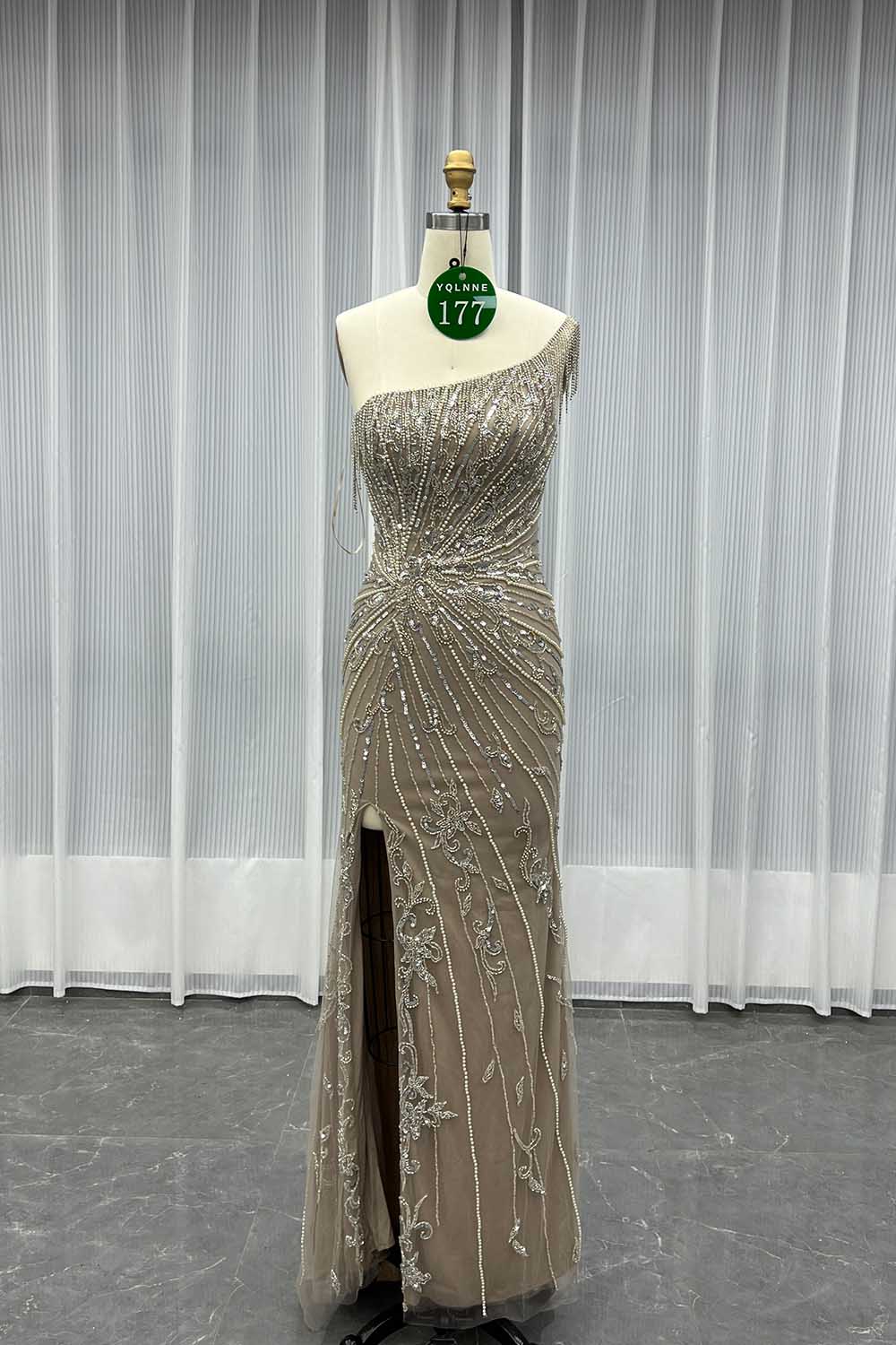 YQLNNE 0177 Blue One Shoulder Slit Evening Dress Handmade Crystals Beaded