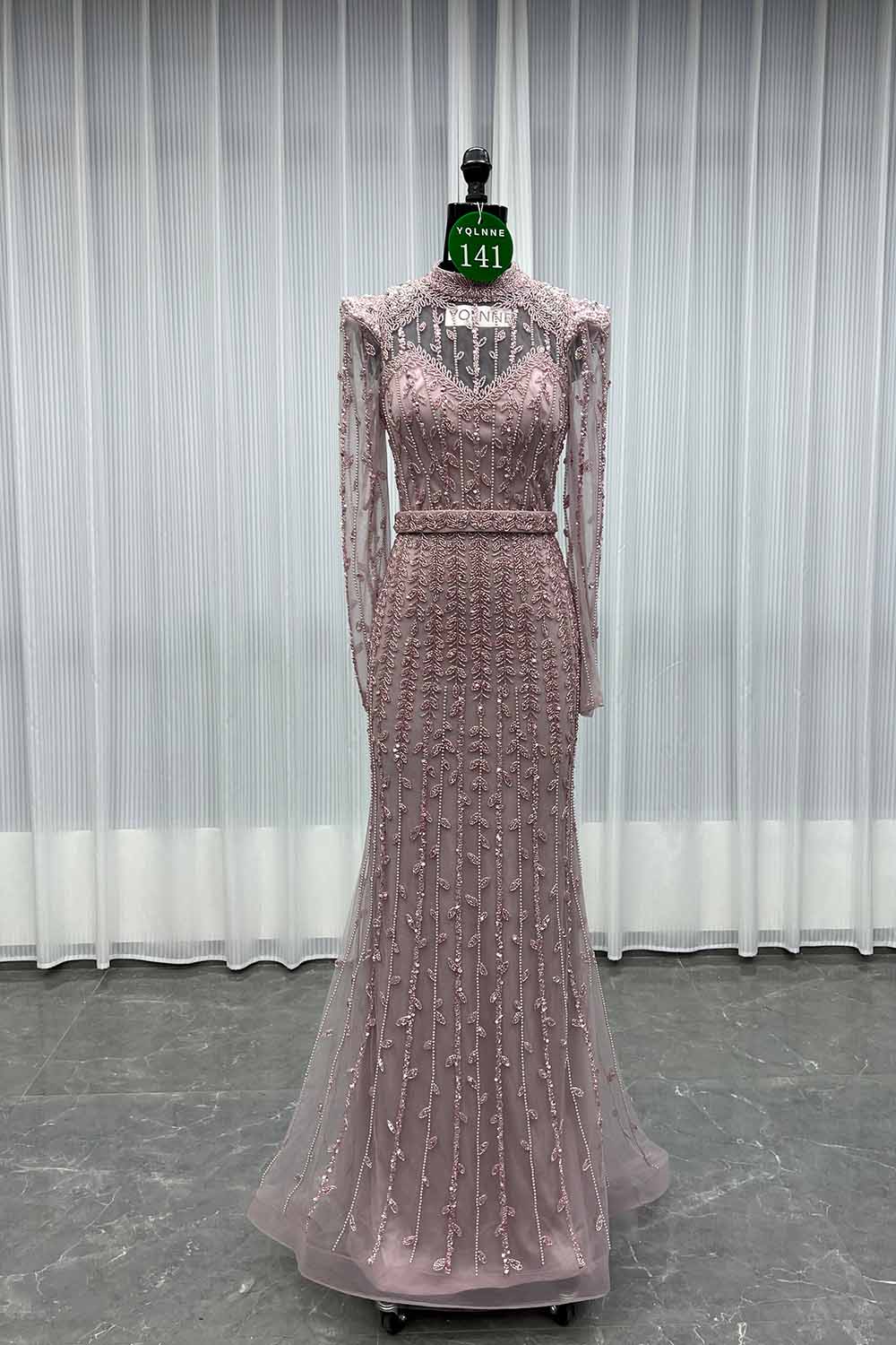 YQLNNE 0141 Modest Pink Full Sleeves Evening Dress Handmade Beaded Pearls Muslim Formal Gown