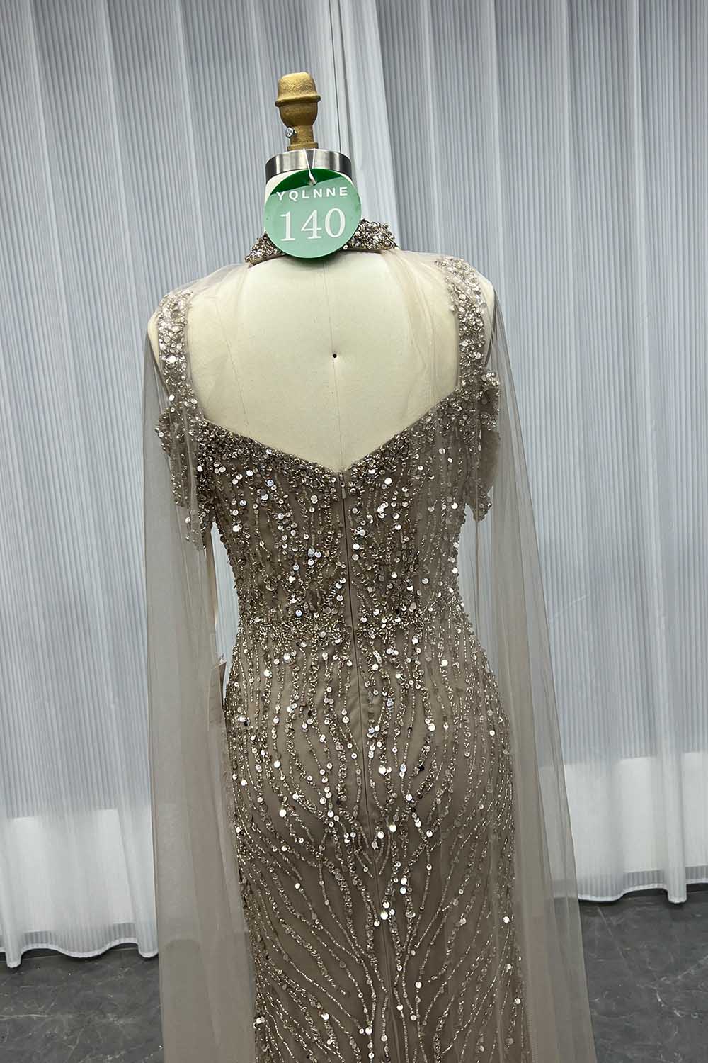 YQLNNE 0140 Nude Off Shoulder Crystals Beaded Evening Dress With Removable Shawl
