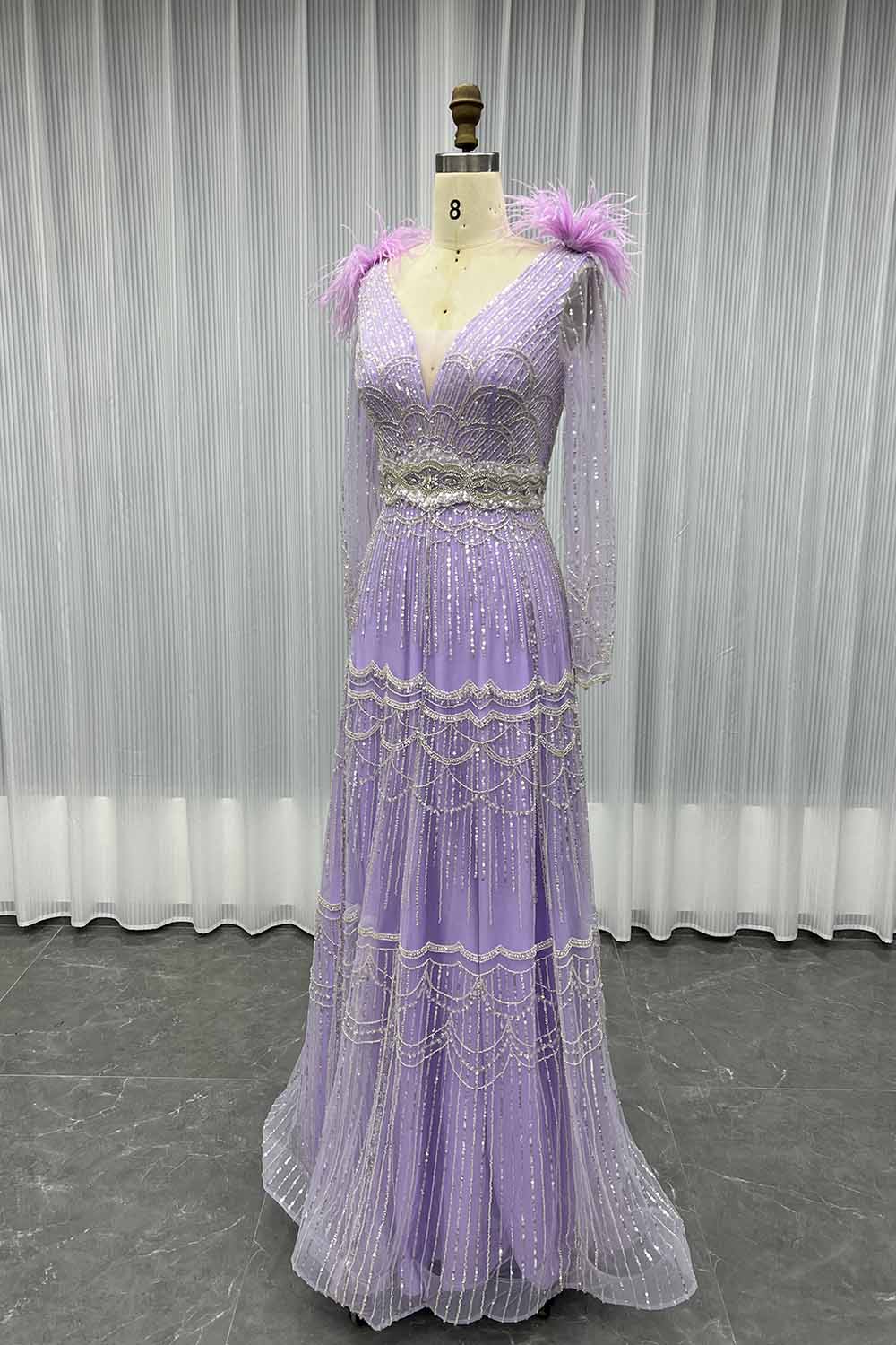 YQLNNE 17007 Muslim Feathers Evening Dress Long Sleeve Women Party Gown